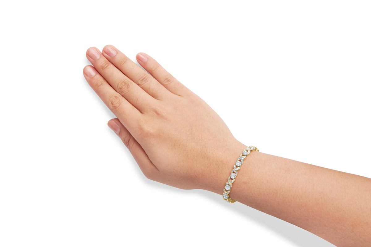 10K Yellow Gold 3.00 Cttw Round - Cut and Baguette - Cut Diamond 'XOXO' Floral Design 7.50" Bracelet (J - K Color, I1 - I2 Clarity) - LinkagejewelrydesignLinkagejewelrydesign
