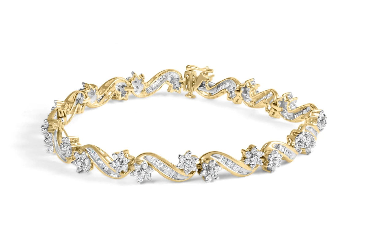 10k Yellow Gold 3.00 Cttw Round - Cut and Baguette - Cut Floral Link 7.25" Bracelet (I - J Color, I1 - I2 Clarity) - LinkagejewelrydesignLinkagejewelrydesign