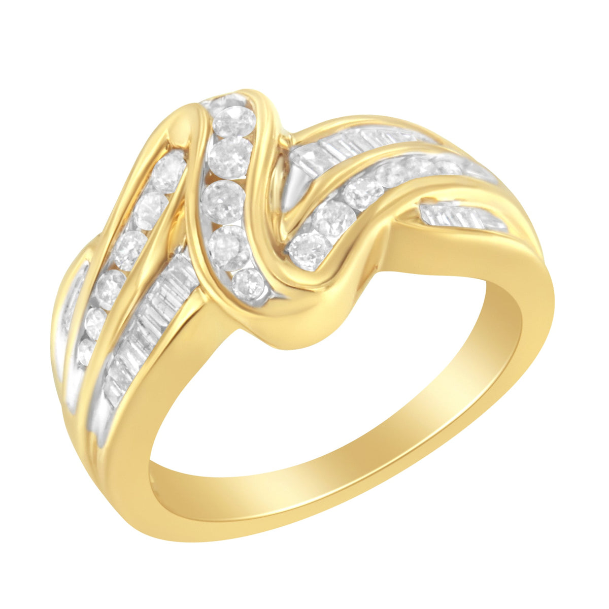 10K Yellow Gold 3/4 Cttw Channel Set Round and Baguette - cut Diamond Double Shank Bypass Ring (J - K Color, I1 - I2 Clarity) - LinkagejewelrydesignLinkagejewelrydesign