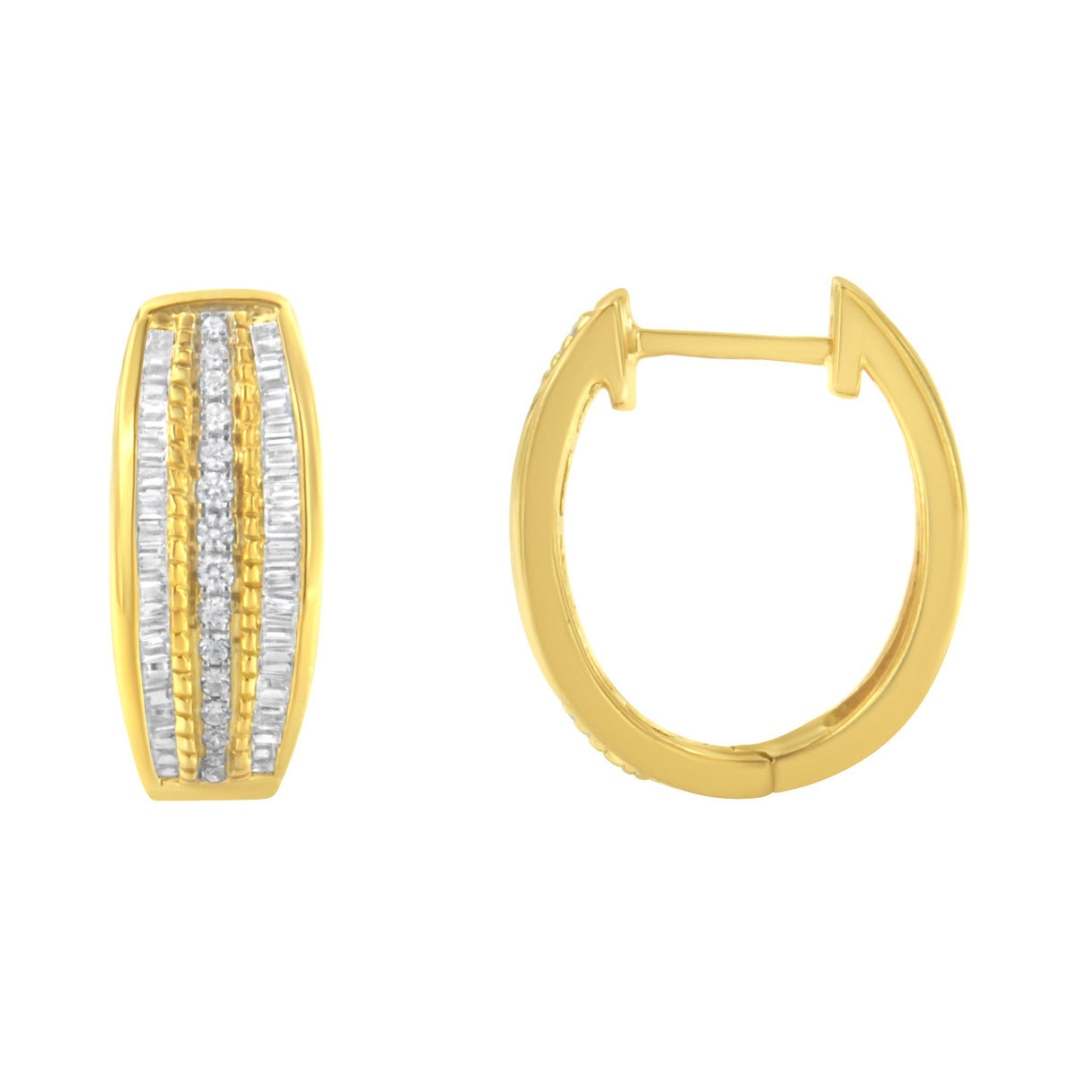 10K Yellow Gold 3/4 Cttw Pave and Channel Set Diamond Triple Row Modern Hoop Earrings (I - J Color, I2 - I3 Clarity) - LinkagejewelrydesignLinkagejewelrydesign
