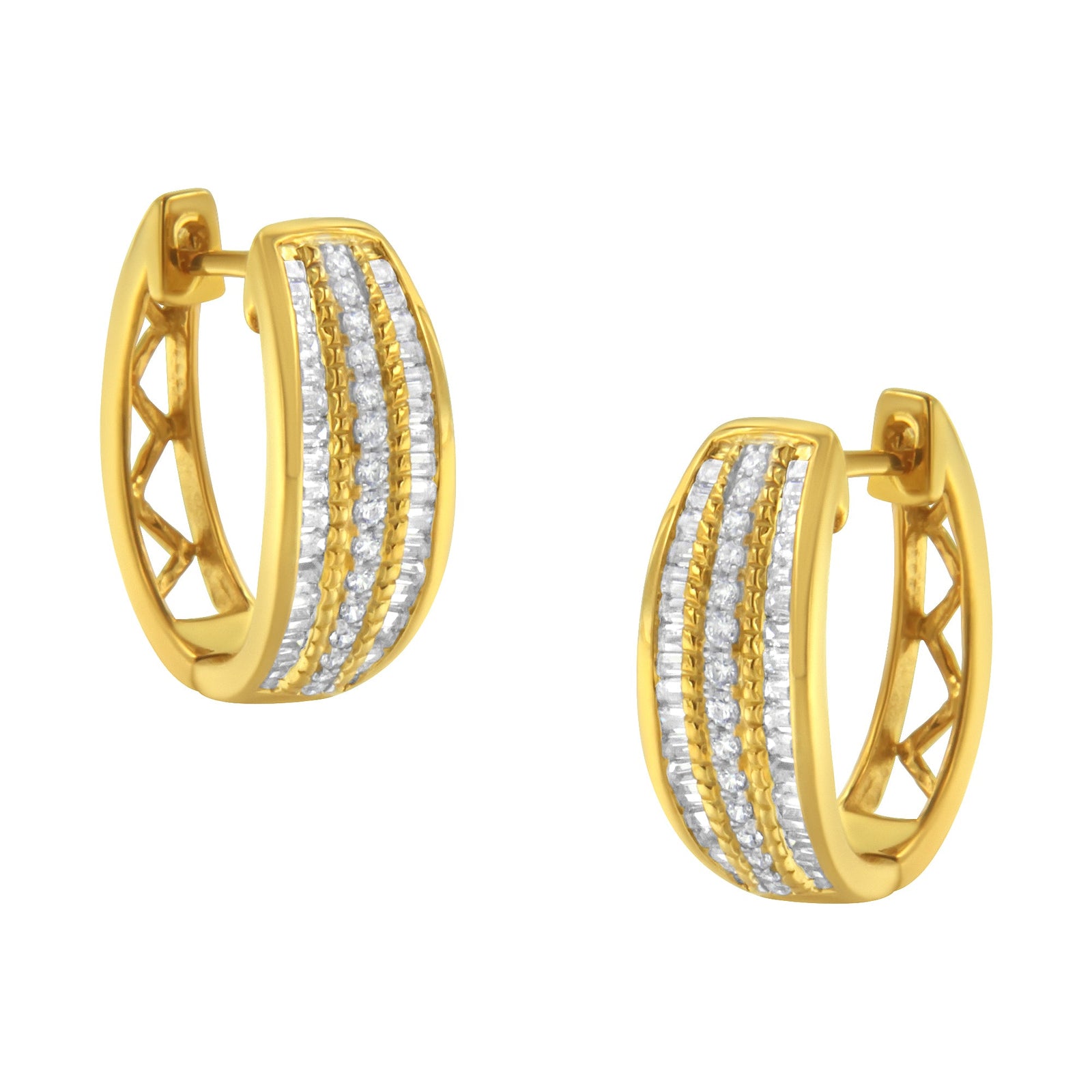 10K Yellow Gold 3/4 Cttw Pave and Channel Set Diamond Triple Row Modern Hoop Earrings (I - J Color, I2 - I3 Clarity) - LinkagejewelrydesignLinkagejewelrydesign