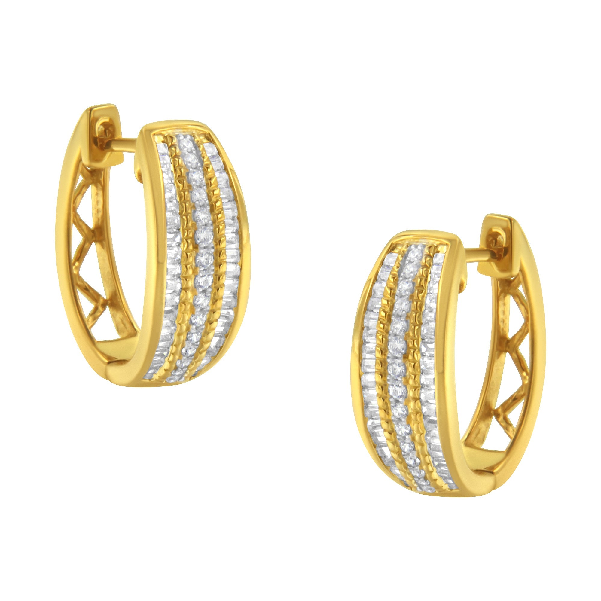 10K Yellow Gold 3/4 Cttw Pave and Channel Set Diamond Triple Row Modern Hoop Earrings (I - J Color, I2 - I3 Clarity) - LinkagejewelrydesignLinkagejewelrydesign