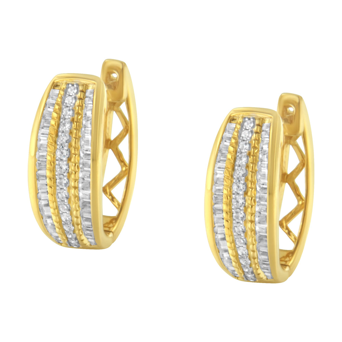 10K Yellow Gold 3/4 Cttw Pave and Channel Set Diamond Triple Row Modern Hoop Earrings (I - J Color, I2 - I3 Clarity) - LinkagejewelrydesignLinkagejewelrydesign