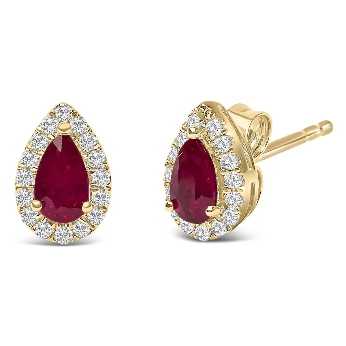 10K Yellow Gold 5X3 MM Pear - Cut Ruby and 1/7 Cttw Diamond Halo Stud Earrings (I - J Color, I1 - I2 Clarity) - LinkagejewelrydesignLinkagejewelrydesign