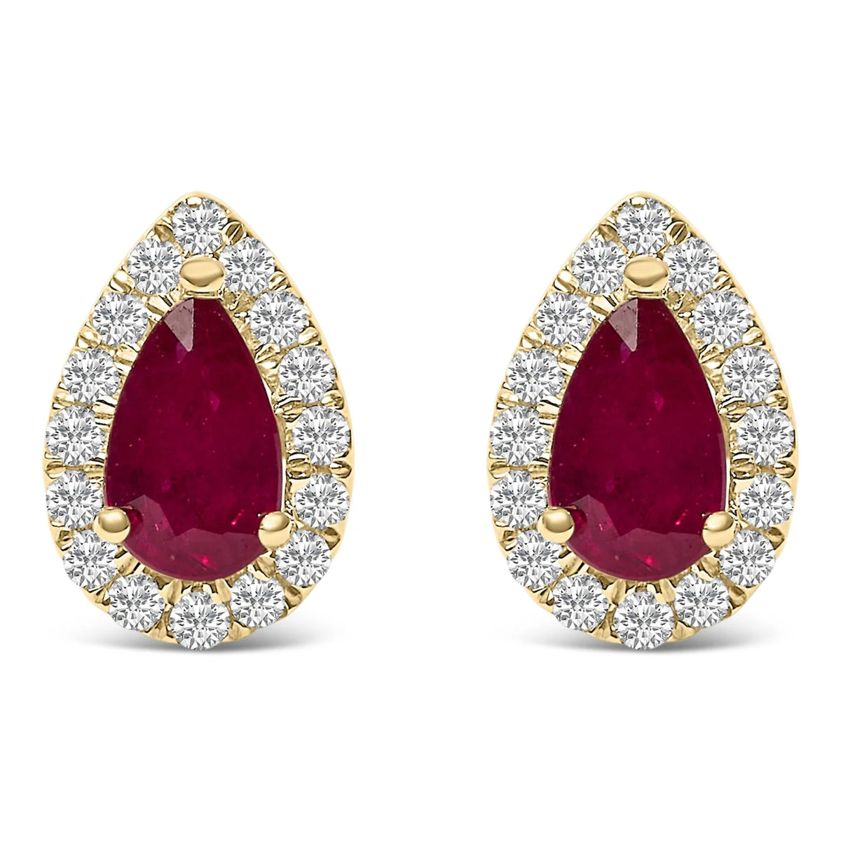 10K Yellow Gold 5X3 MM Pear - Cut Ruby and 1/7 Cttw Diamond Halo Stud Earrings (I - J Color, I1 - I2 Clarity) - LinkagejewelrydesignLinkagejewelrydesign