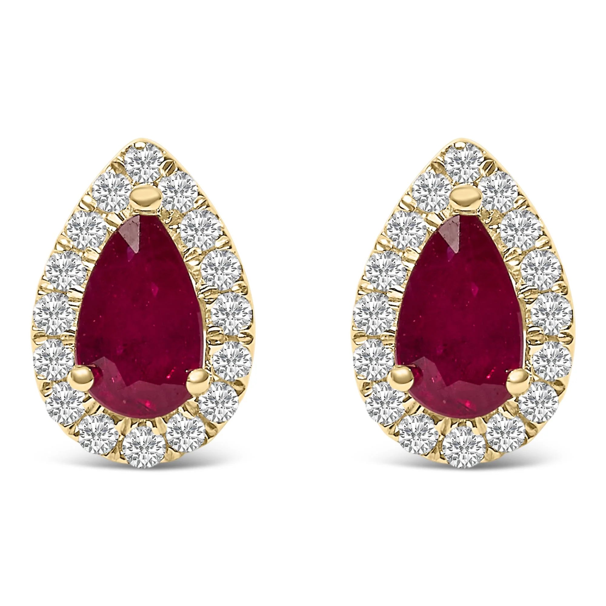 10K Yellow Gold 5X3 MM Pear - Cut Ruby and 1/7 Cttw Diamond Halo Stud Earrings (I - J Color, I1 - I2 Clarity) - LinkagejewelrydesignLinkagejewelrydesign