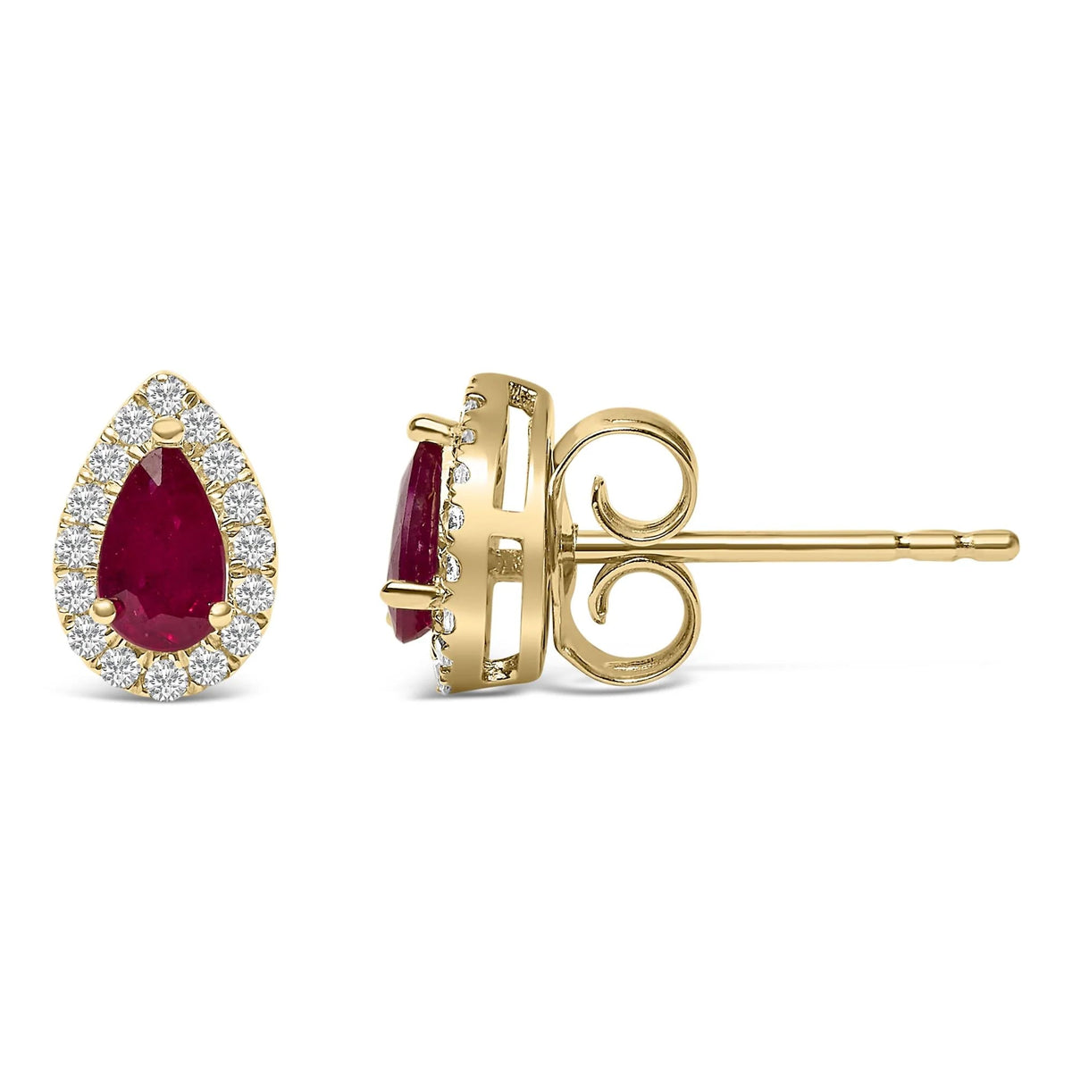 10K Yellow Gold 5X3 MM Pear - Cut Ruby and 1/7 Cttw Diamond Halo Stud Earrings (I - J Color, I1 - I2 Clarity) - LinkagejewelrydesignLinkagejewelrydesign
