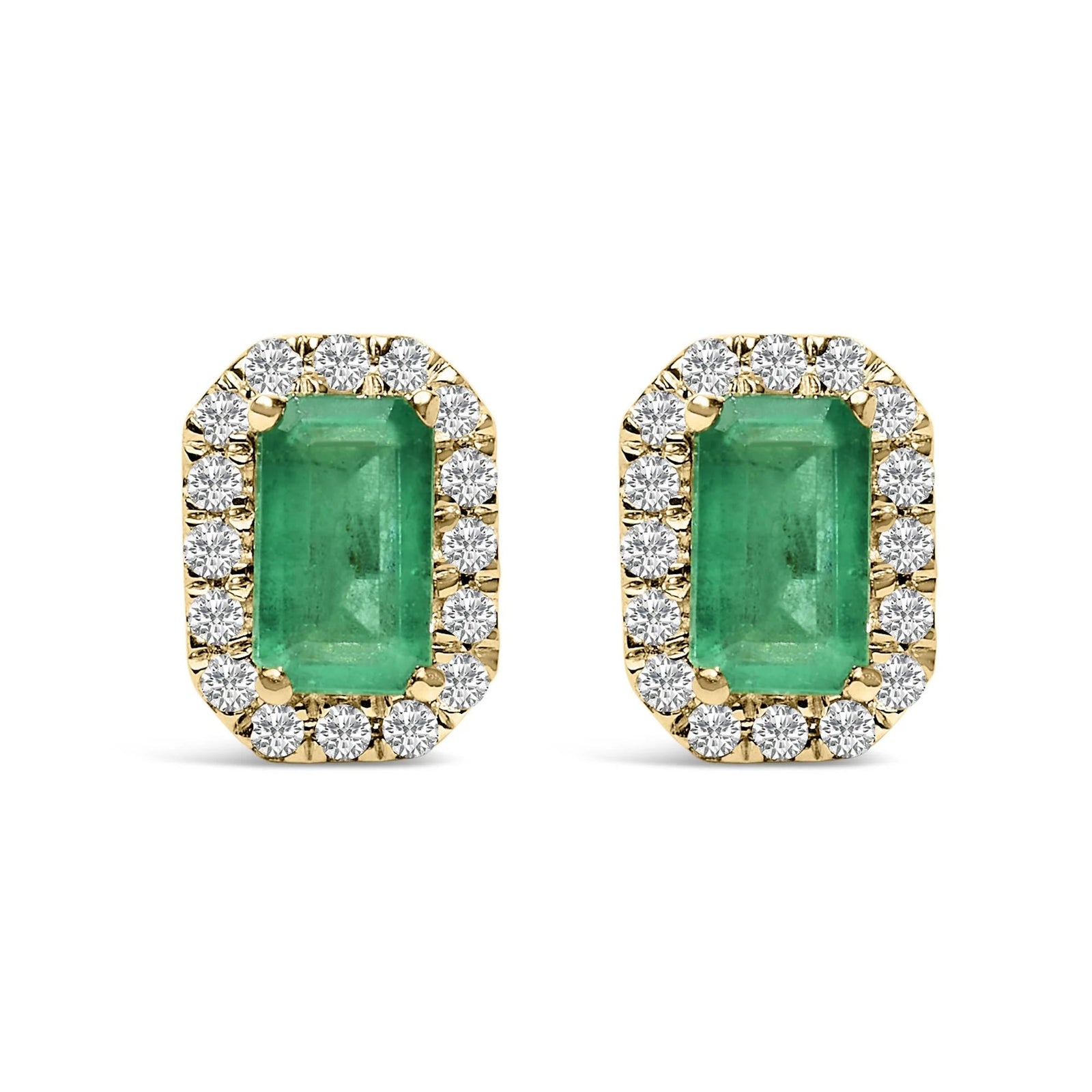 10K Yellow Gold 5x3mm Emerald - Cut Green Emerald and 1/7 Cttw Diamond Halo Octagonal Stud Earrings (I - J Color, I1 - I2 Clarity) - LinkagejewelrydesignLinkagejewelrydesign