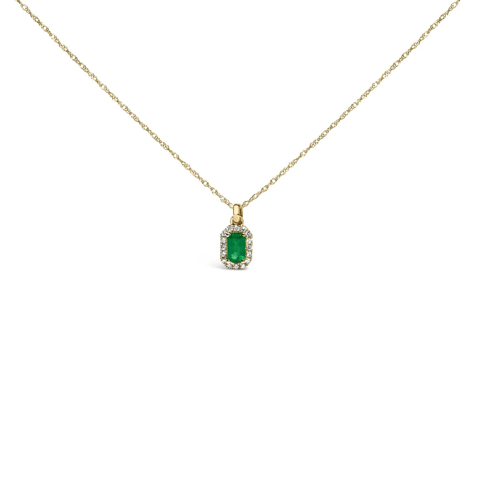 10K Yellow Gold 5x3mm Green Emerald and Diamond Accent Halo Octagonal Shape 18" Pendant Necklace (I - J Color, I1 - I2 Clarity) - LinkagejewelrydesignLinkagejewelrydesign