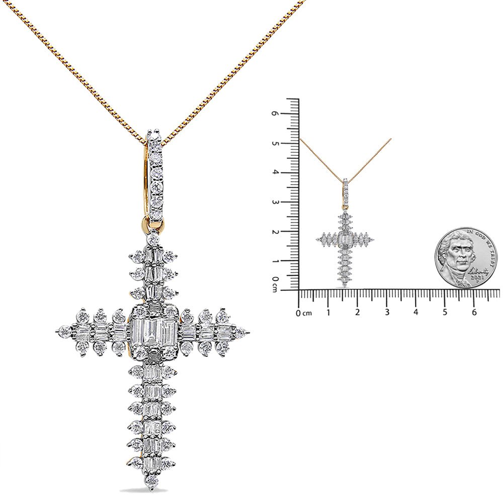 10K Yellow Gold 7/8 Cttw Round &amp; Baguette Diamond Zigzag Pattern Cross Pendant Necklace (H - I Color, SI2 - I1 Clarity) - NO CHAIN INCLUDED - LinkagejewelrydesignLinkagejewelrydesign