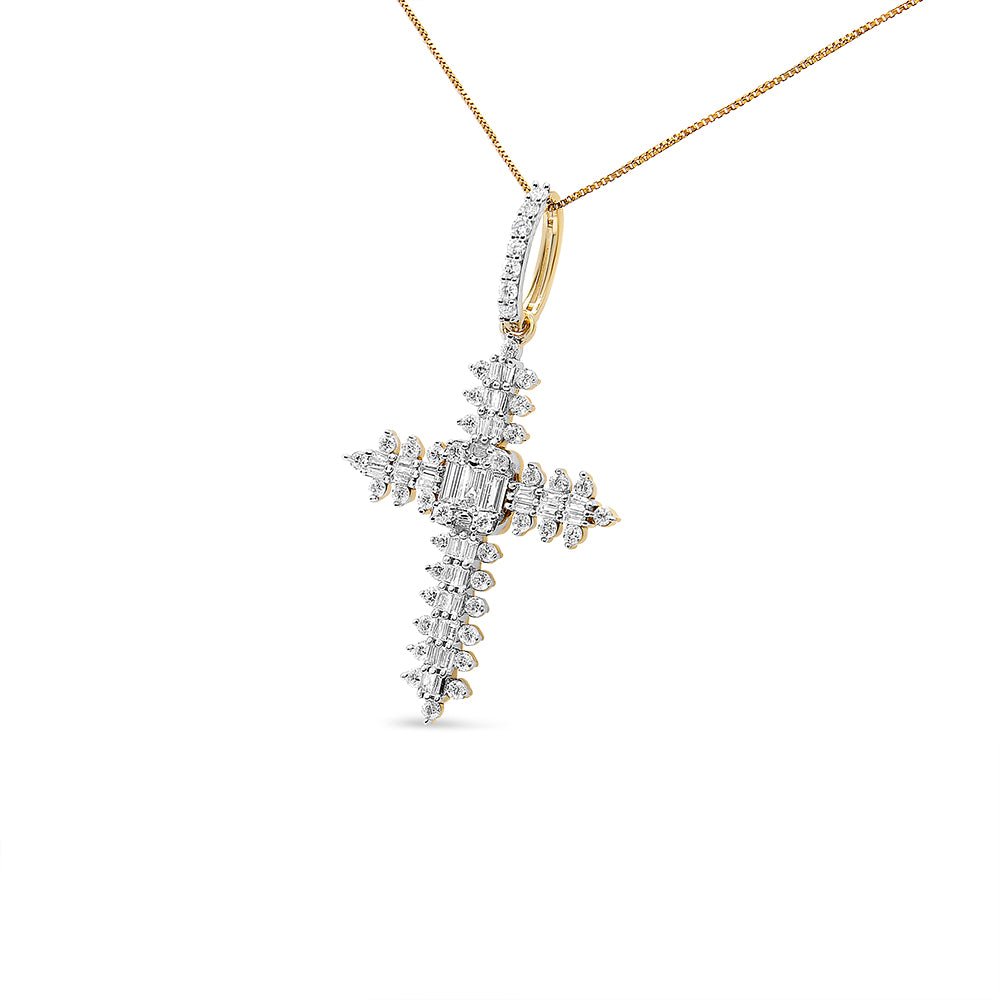 10K Yellow Gold 7/8 Cttw Round &amp; Baguette Diamond Zigzag Pattern Cross Pendant Necklace (H - I Color, SI2 - I1 Clarity) - NO CHAIN INCLUDED - LinkagejewelrydesignLinkagejewelrydesign