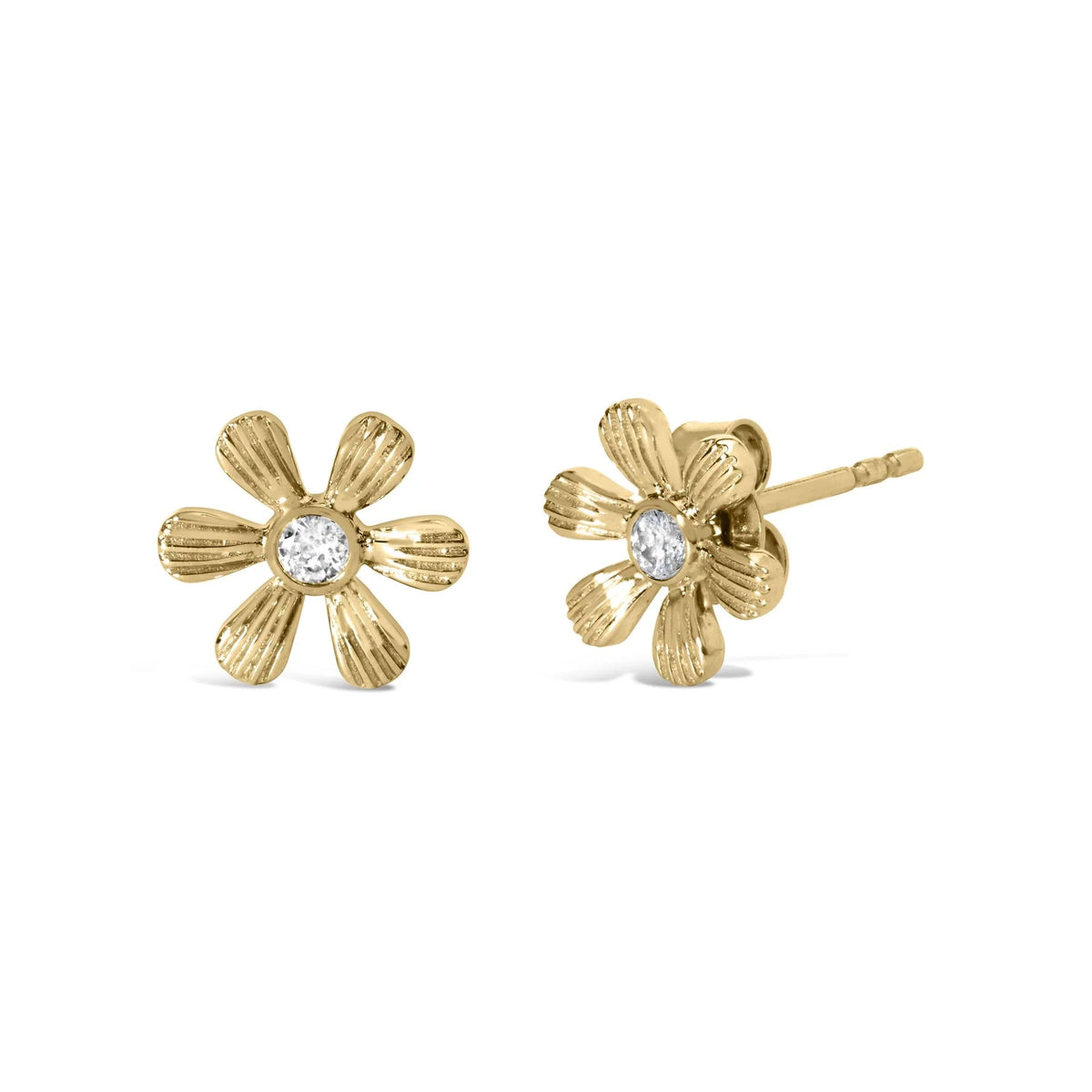 10K Yellow Gold Bezel Set Diamond Accent Hammered Finish Floral Stud Earrings (I - J Color, I1 - I2 Clarity) - LinkagejewelrydesignLinkagejewelrydesign