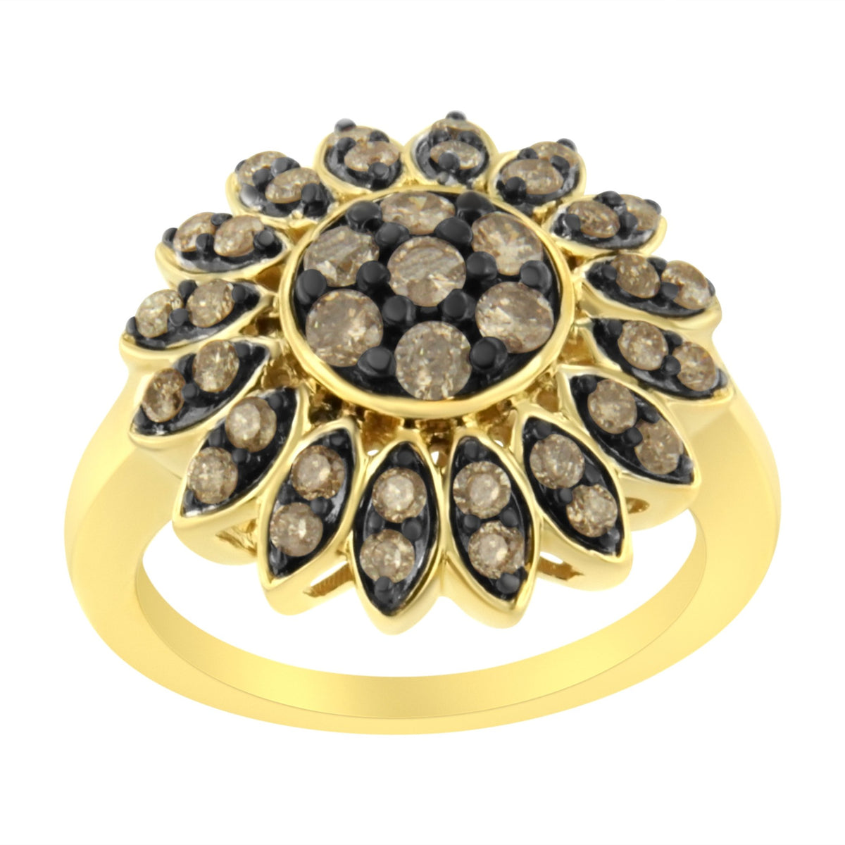 10K Yellow Gold Plated .925 Sterling Silver 1 cttw Prong Set Round - Cut Diamond Floral Cocktail Ring (I1 - I2 Clarity, J - K Color) - Size 7 - LinkagejewelrydesignLinkagejewelrydesign