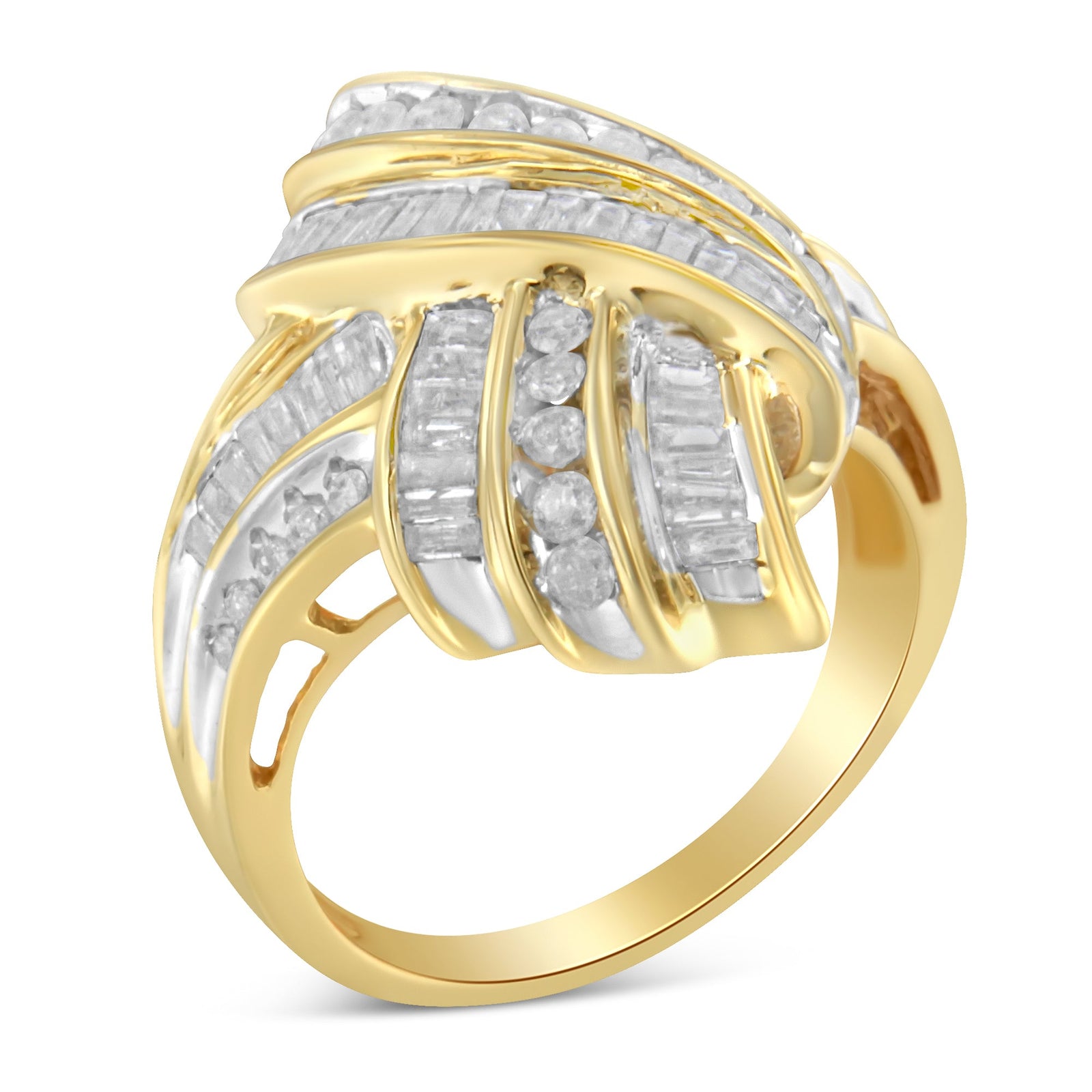10K Yellow Gold Plated .925 Sterling Silver 1.0 Cttw Round & Baguette Diamond Knot Channel Statement Ring (I - J Color, I2 - I3 Clarity) - LinkagejewelrydesignLinkagejewelrydesign