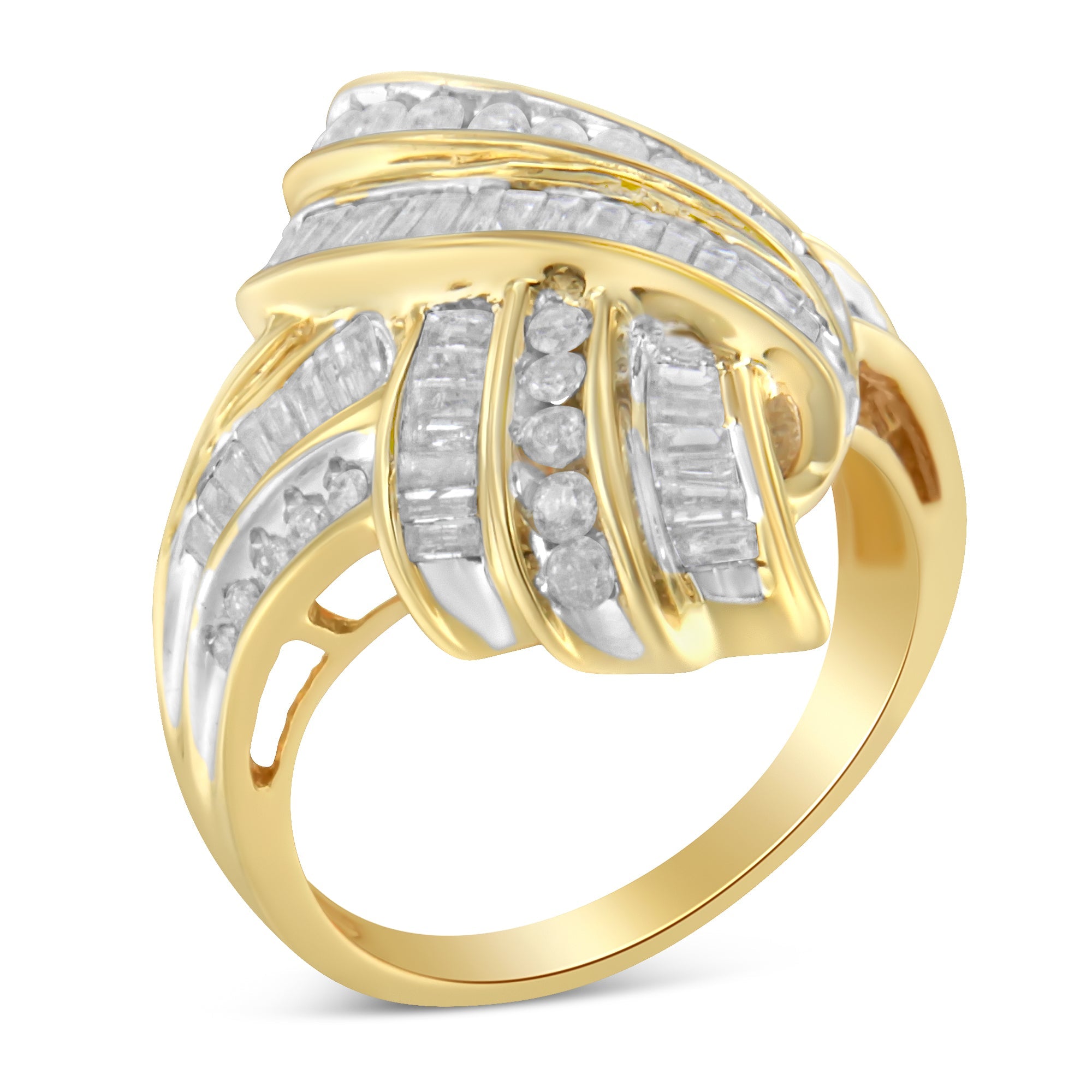 10K Yellow Gold Plated .925 Sterling Silver 1.0 Cttw Round & Baguette Diamond Knot Channel Statement Ring (I - J Color, I2 - I3 Clarity) - LinkagejewelrydesignLinkagejewelrydesign