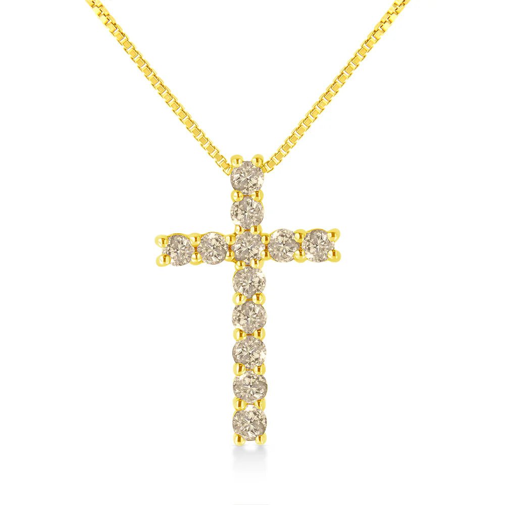 10K Yellow Gold Plated .925 Sterling Silver 1/2 Cttw Fancy Champagne Diamond Cross 18" Pendant Necklace (K - L Color, I1 - I2 Clarity) - LinkagejewelrydesignLinkagejewelrydesign