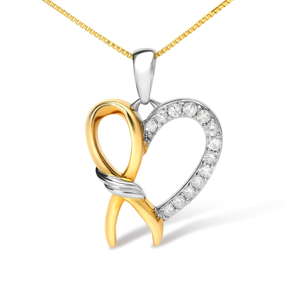 10K Yellow Gold Plated .925 Sterling Silver 1/5 Cttw Diamond Ribbon Heart Pendant Necklace (H - I Color, I2 - I3 Clarity) - 18&quot; - LinkagejewelrydesignLinkagejewelrydesign