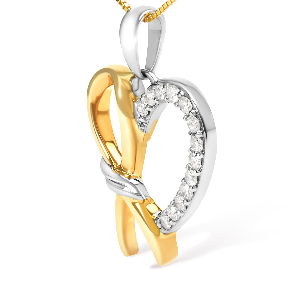 10K Yellow Gold Plated .925 Sterling Silver 1/5 Cttw Diamond Ribbon Heart Pendant Necklace (H - I Color, I2 - I3 Clarity) - 18&quot; - LinkagejewelrydesignLinkagejewelrydesign