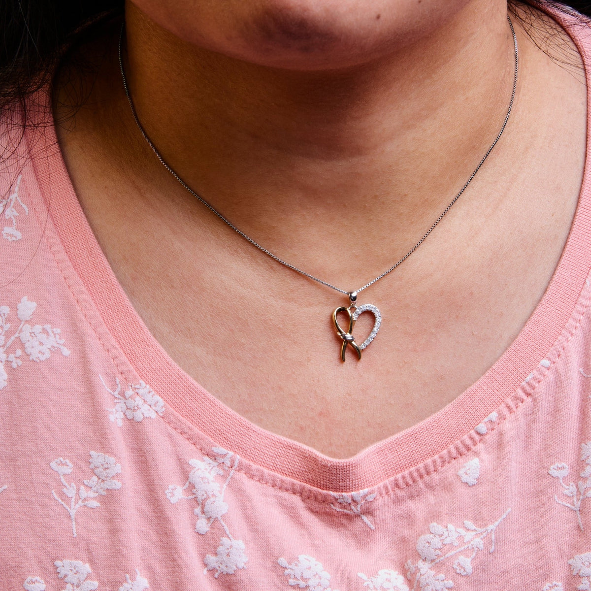 10K Yellow Gold Plated .925 Sterling Silver 1/5 Cttw Diamond Ribbon Heart Pendant Necklace (H - I Color, I2 - I3 Clarity) - 18&quot; - LinkagejewelrydesignLinkagejewelrydesign