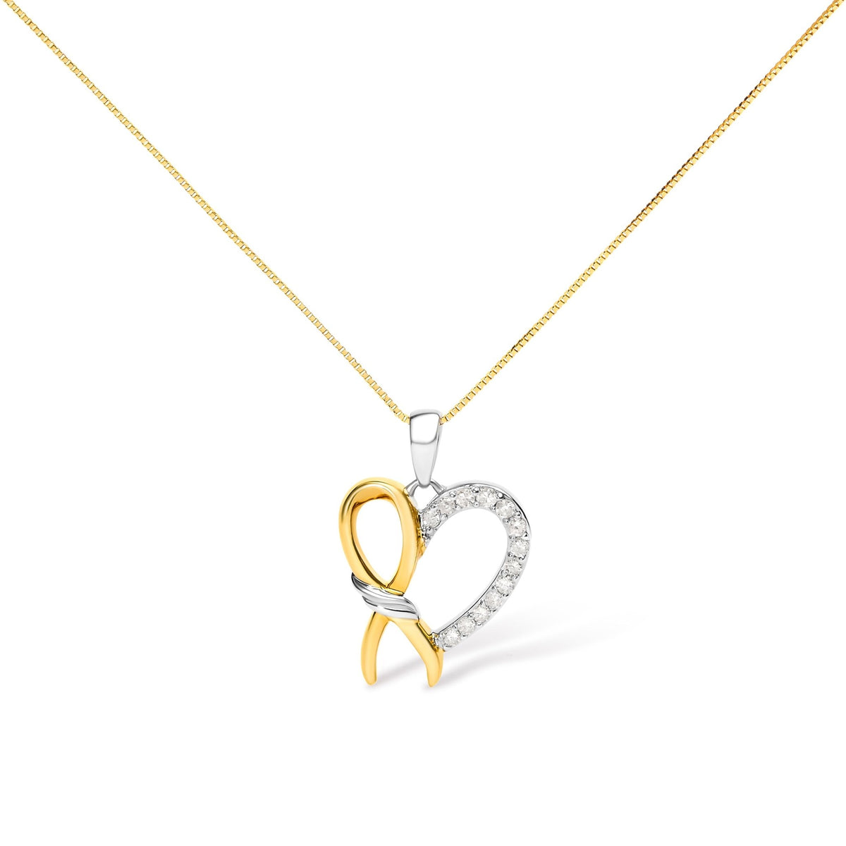 10K Yellow Gold Plated .925 Sterling Silver 1/5 Cttw Diamond Ribbon Heart Pendant Necklace (H - I Color, I2 - I3 Clarity) - 18&quot; - LinkagejewelrydesignLinkagejewelrydesign