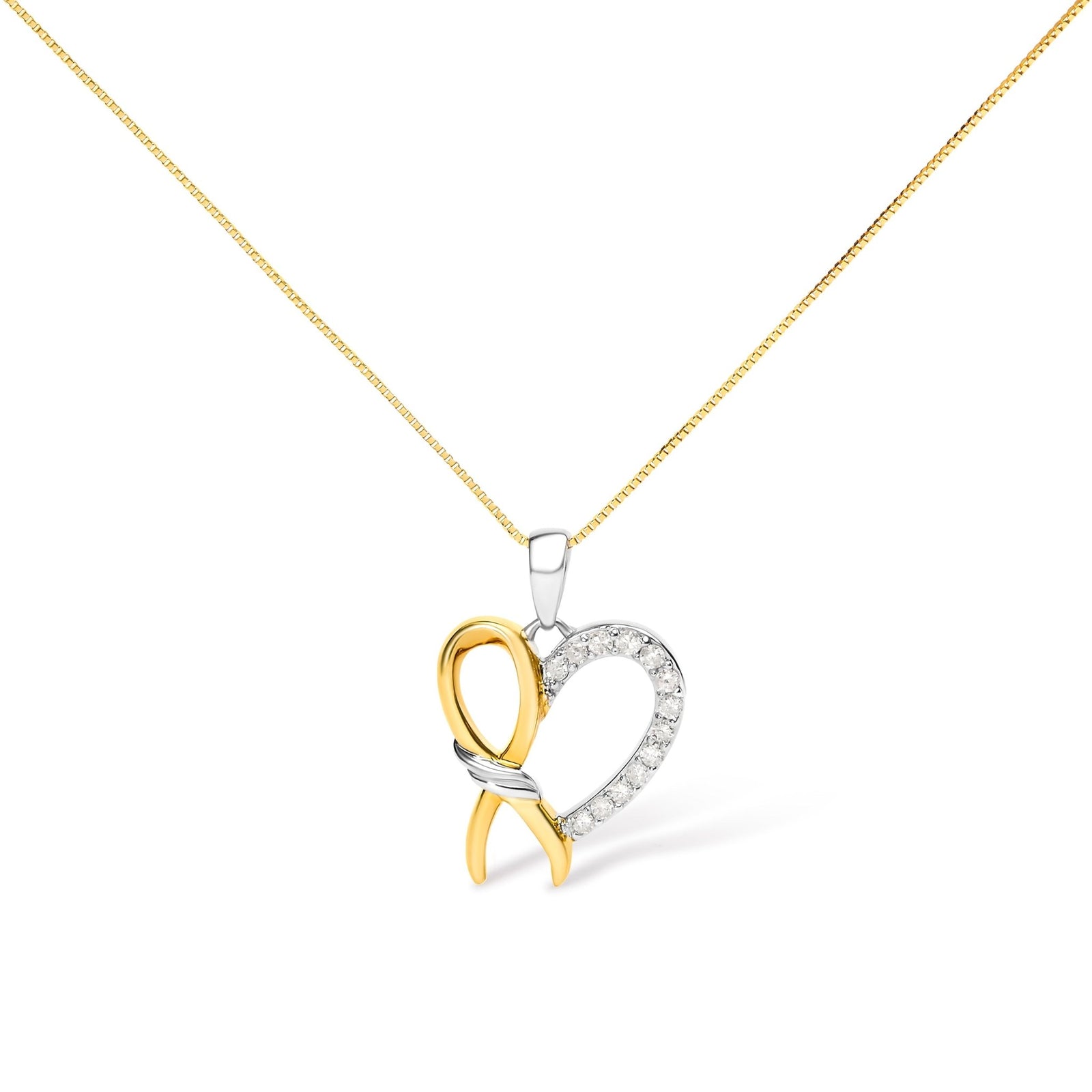10K Yellow Gold Plated .925 Sterling Silver 1/5 Cttw Diamond Ribbon Heart Pendant Necklace (H - I Color, I2 - I3 Clarity) - 18" - LinkagejewelrydesignLinkagejewelrydesign