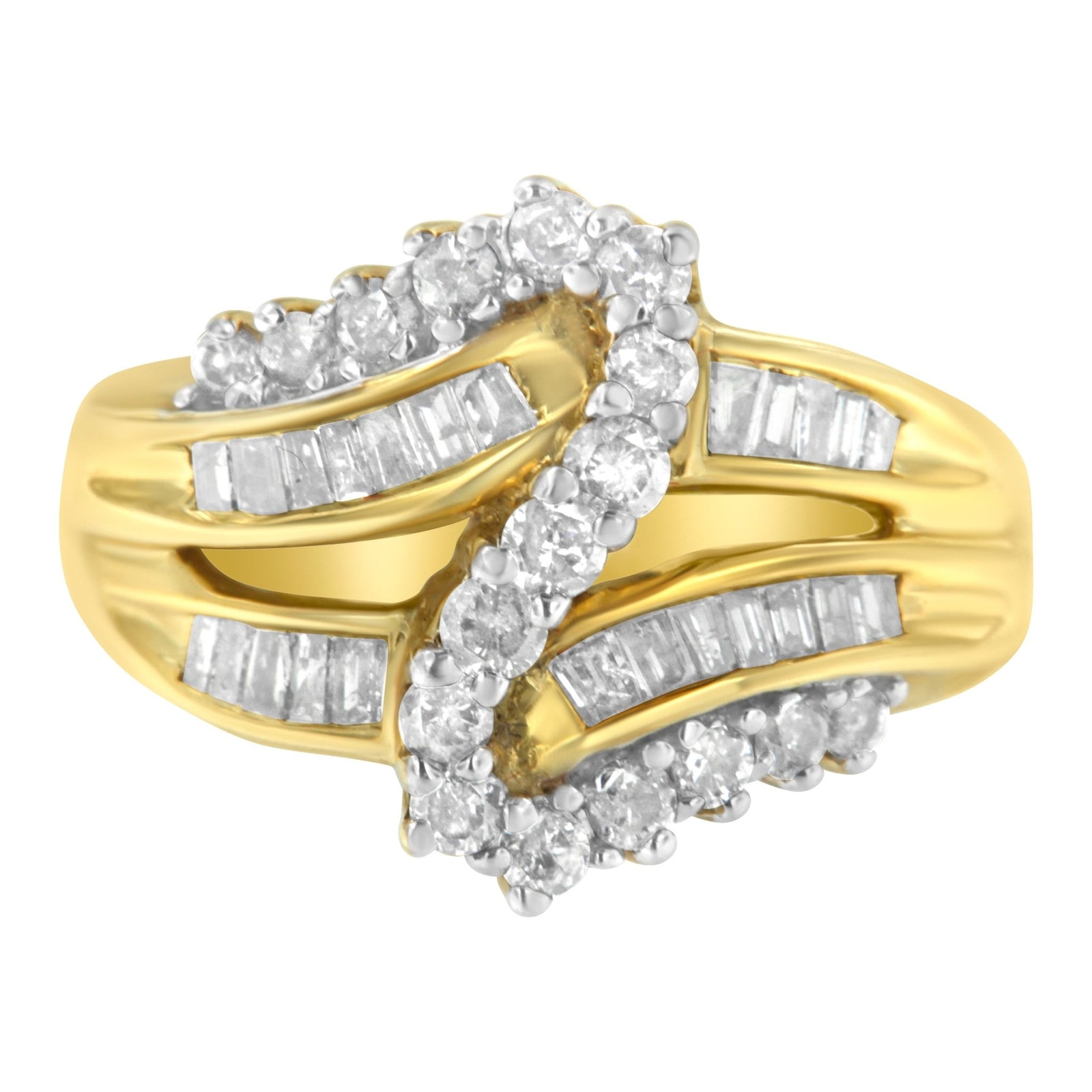 10K Yellow Gold Round and Baguette Cut Diamond Bypass Ring (1 Cttw, J - K Color, I2 - I3 Clarity) - LinkagejewelrydesignLinkagejewelrydesign