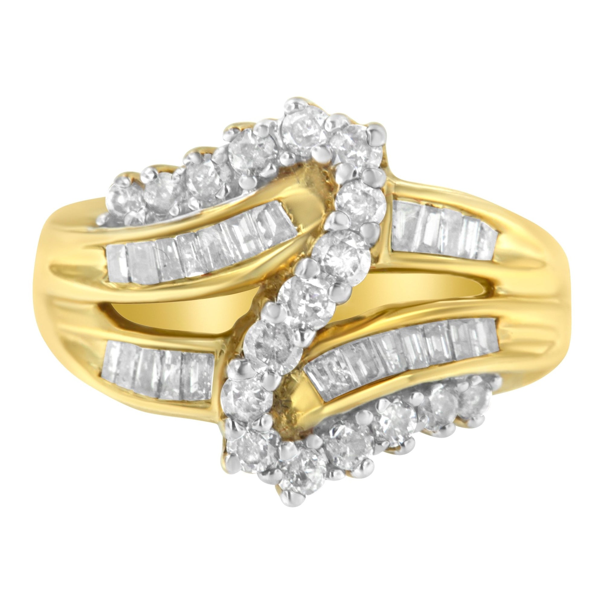 10K Yellow Gold Round and Baguette Cut Diamond Bypass Ring (1 Cttw, J - K Color, I2 - I3 Clarity) - LinkagejewelrydesignLinkagejewelrydesign