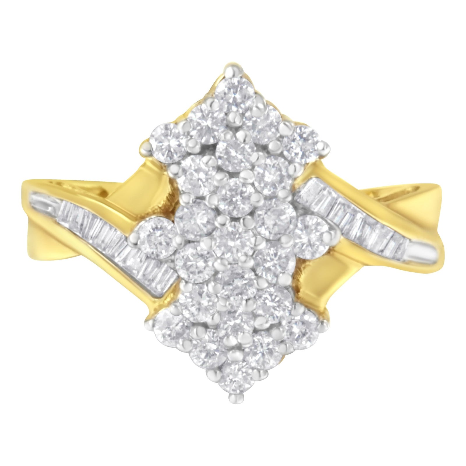 10K Yellow Gold Round And Baguette Cut Diamond Cluster Ring (1 1/10 Cttw, H - I Color, SI2 - I1 Clarity) - LinkagejewelrydesignLinkagejewelrydesign