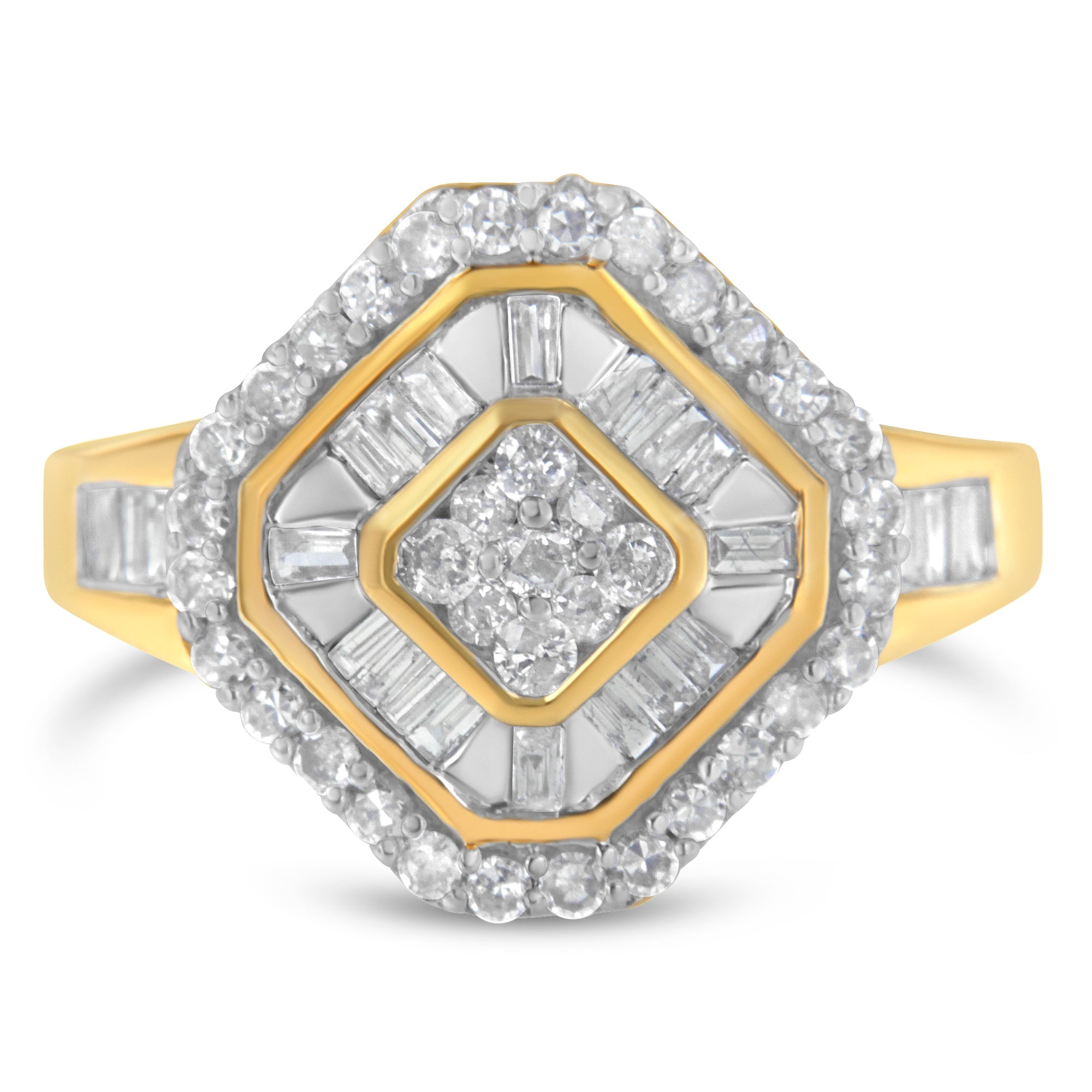 10K Yellow Gold Round and Baguette - Cut Diamond Cocktail Ring (1.0 Cttw, I - J Color, I1 - I2 Clarity) - LinkagejewelrydesignLinkagejewelrydesign