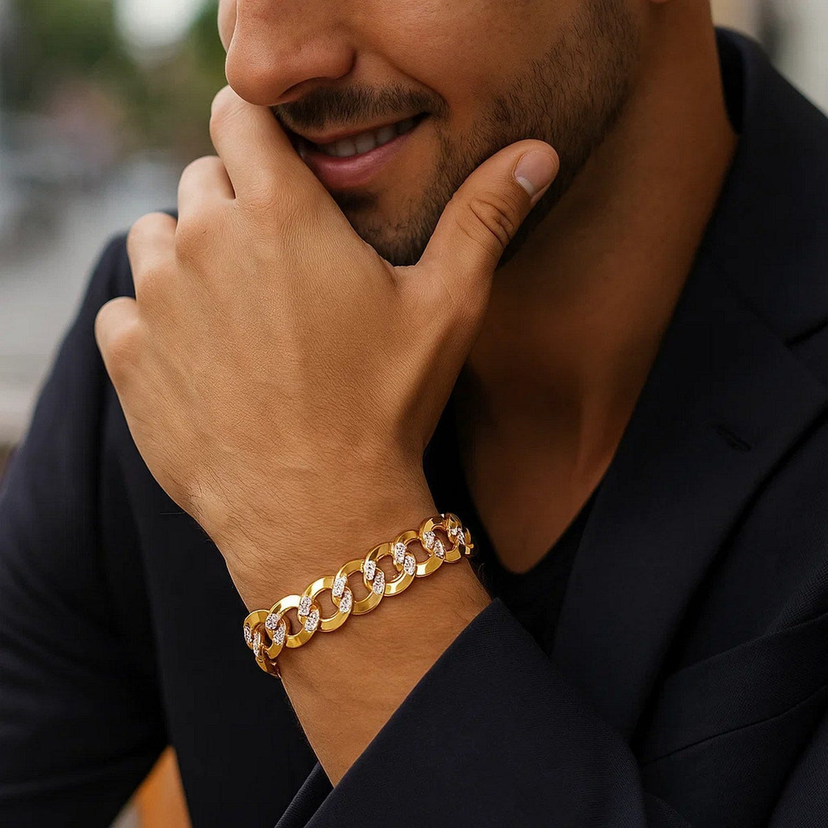 12.18 mm 14k Two Tone Gold Pave Curb Bracelet - LinkagejewelrydesignLinkagejewelrydesign