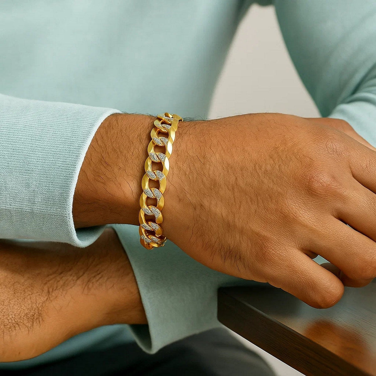 12.18 mm 14k Two Tone Gold Pave Curb Bracelet - LinkagejewelrydesignLinkagejewelrydesign