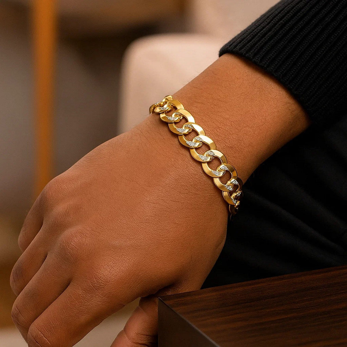 12.18 mm 14k Two Tone Gold Pave Curb Bracelet - LinkagejewelrydesignLinkagejewelrydesign
