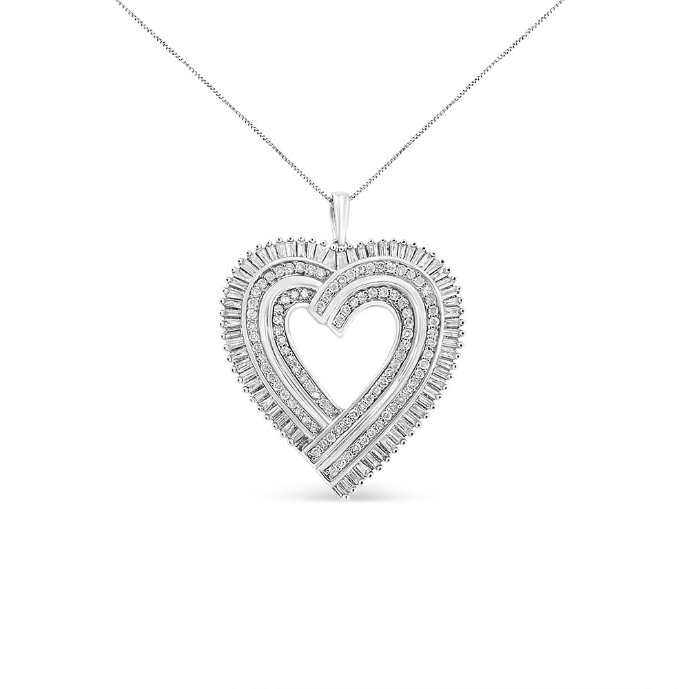 .925 Sterling Silver 1 1/4 Cttw Round and Baguette-Cut Diamond Composite Heart 18&quot; Pendant Necklace (I-J Color, I1-I2 Clarity)