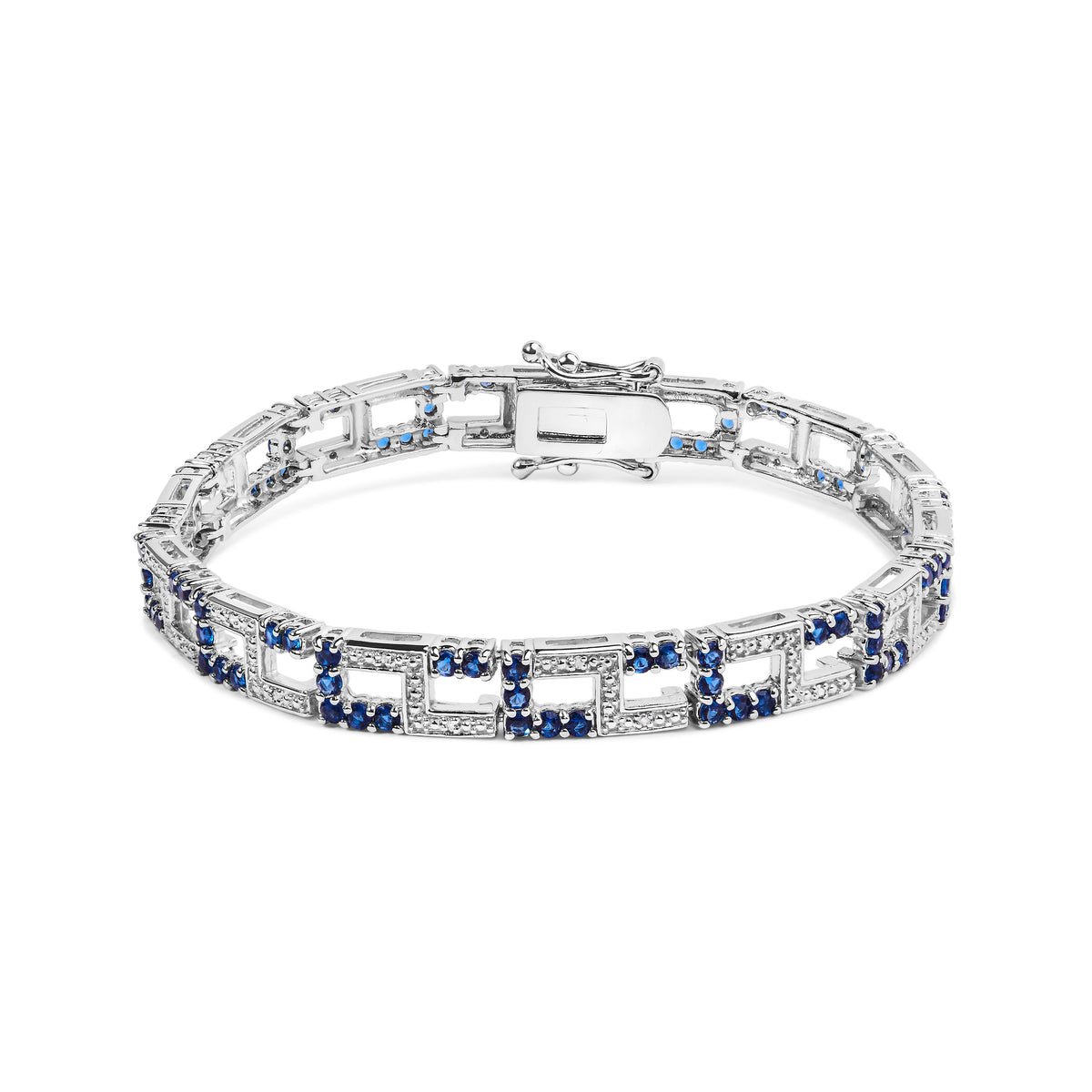 .925 Sterling Silver 4 4/5 Cttw Created Blue Sapphire and Diamond Accent Art Deco Style Open Link Tennis Bracelet (I-J Color, I3 Clarity) - 7.5 inches&quot;