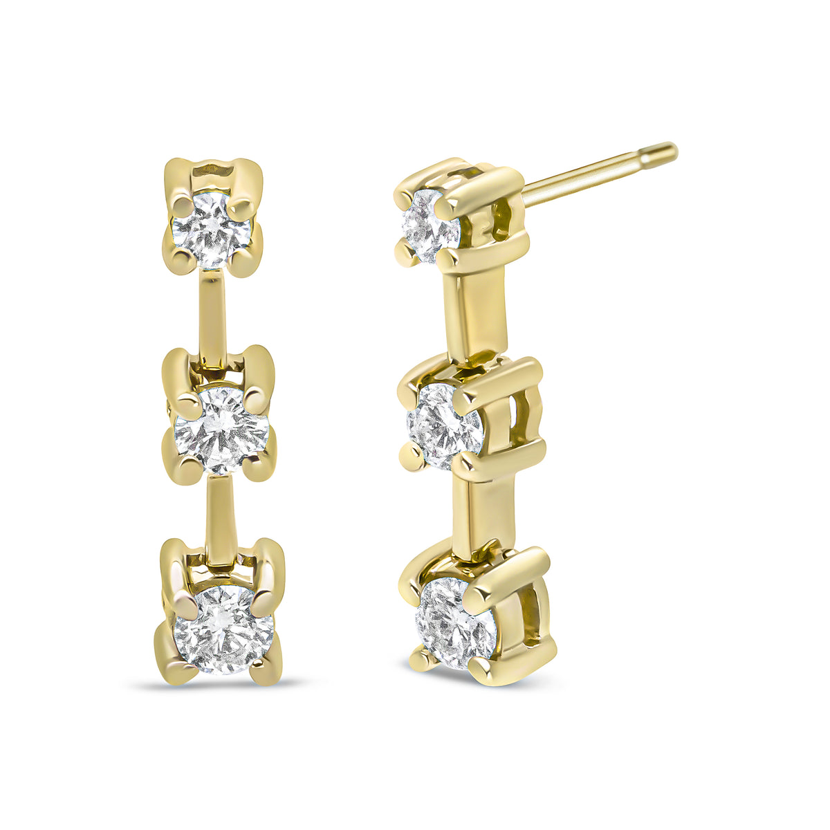 14K Yellow Gold 1/2 Cttw Round Diamond 3 Stone Graduated Linear Drop Past, Present and Future Stud Earrings (H-I Color, SI1-SI2 Clarity)