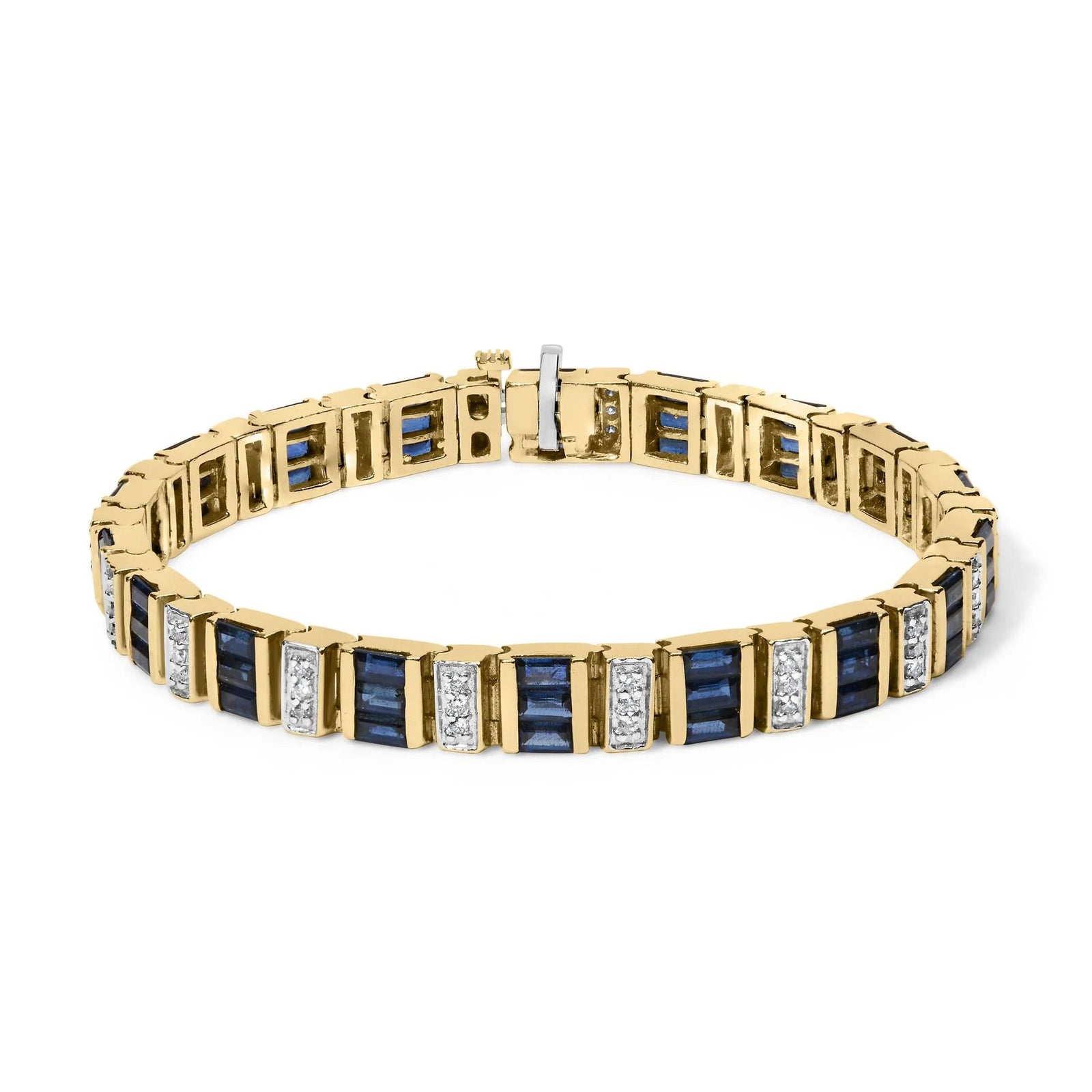 14ct Yellow Gold 2/5 Cttw Diamond & 8.0 Cttw Baguette Cut Blue Sapphire Alternating Link Bracelet (G - H Color, VS1 - VS2 Clarity) - 7" Inches - LinkagejewelrydesignLinkagejewelrydesign