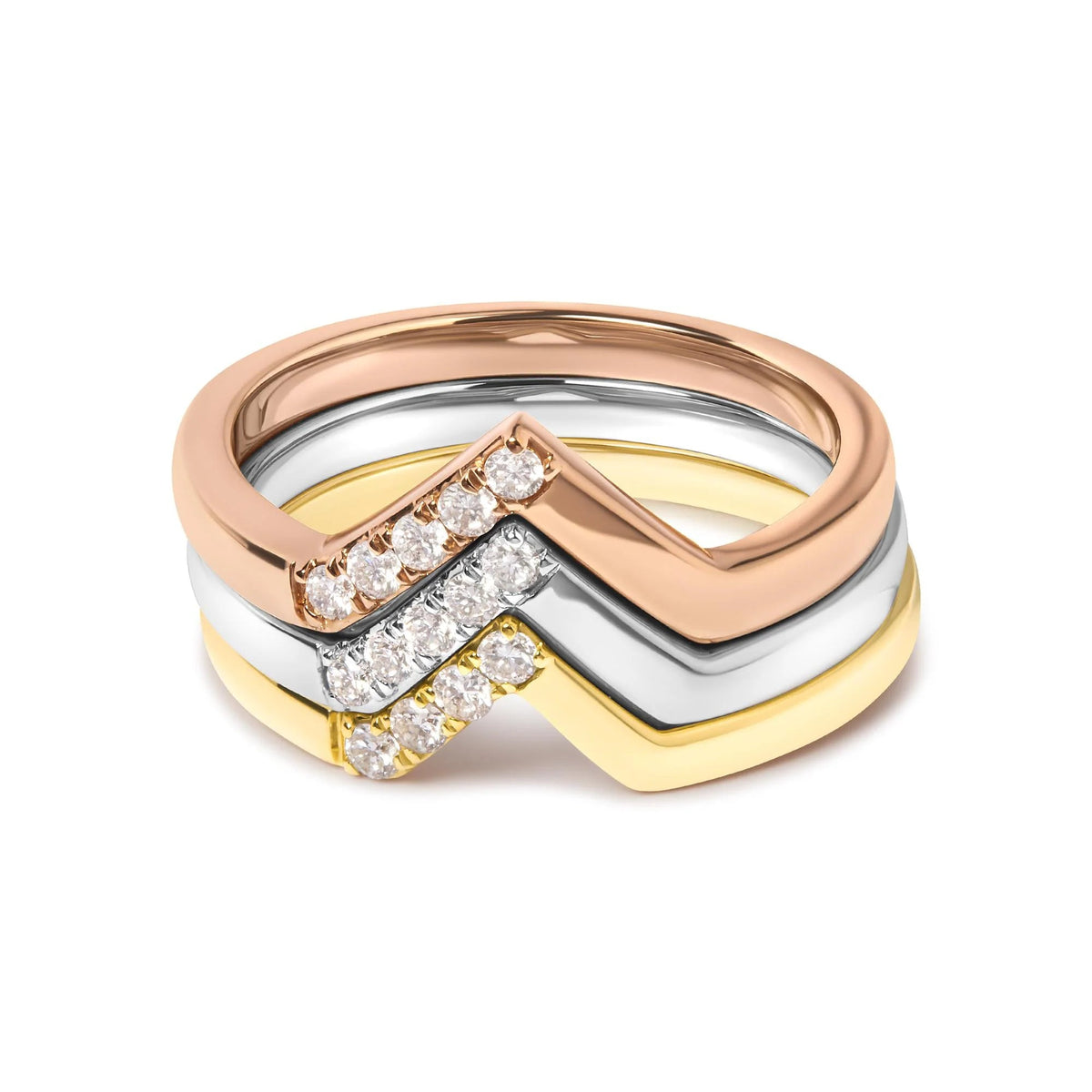 14K Gold 1/4 Cttw Diamond Geometrical Chevron V Stackable Band Ring Set (G - H Color, SI1 - SI2 Clarity) - Size 7 - LinkagejewelrydesignLinkagejewelrydesign