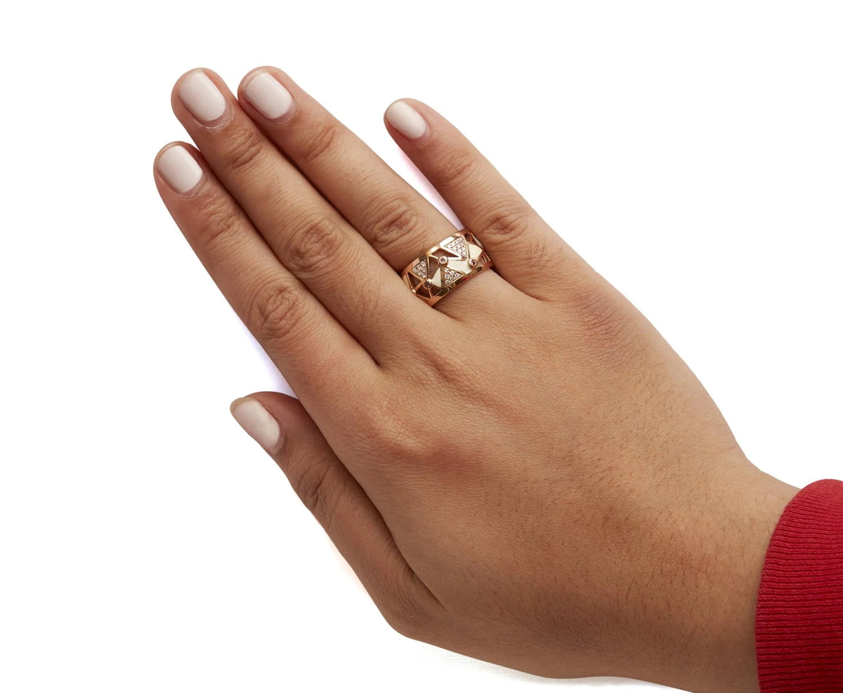14K Rose Gold 1/3 Cttw Diamond and Pink Tourmaline Cigar Band Ring with White Enamel (G - H Color, SI1 - SI2 Clarity) - LinkagejewelrydesignLinkagejewelrydesign