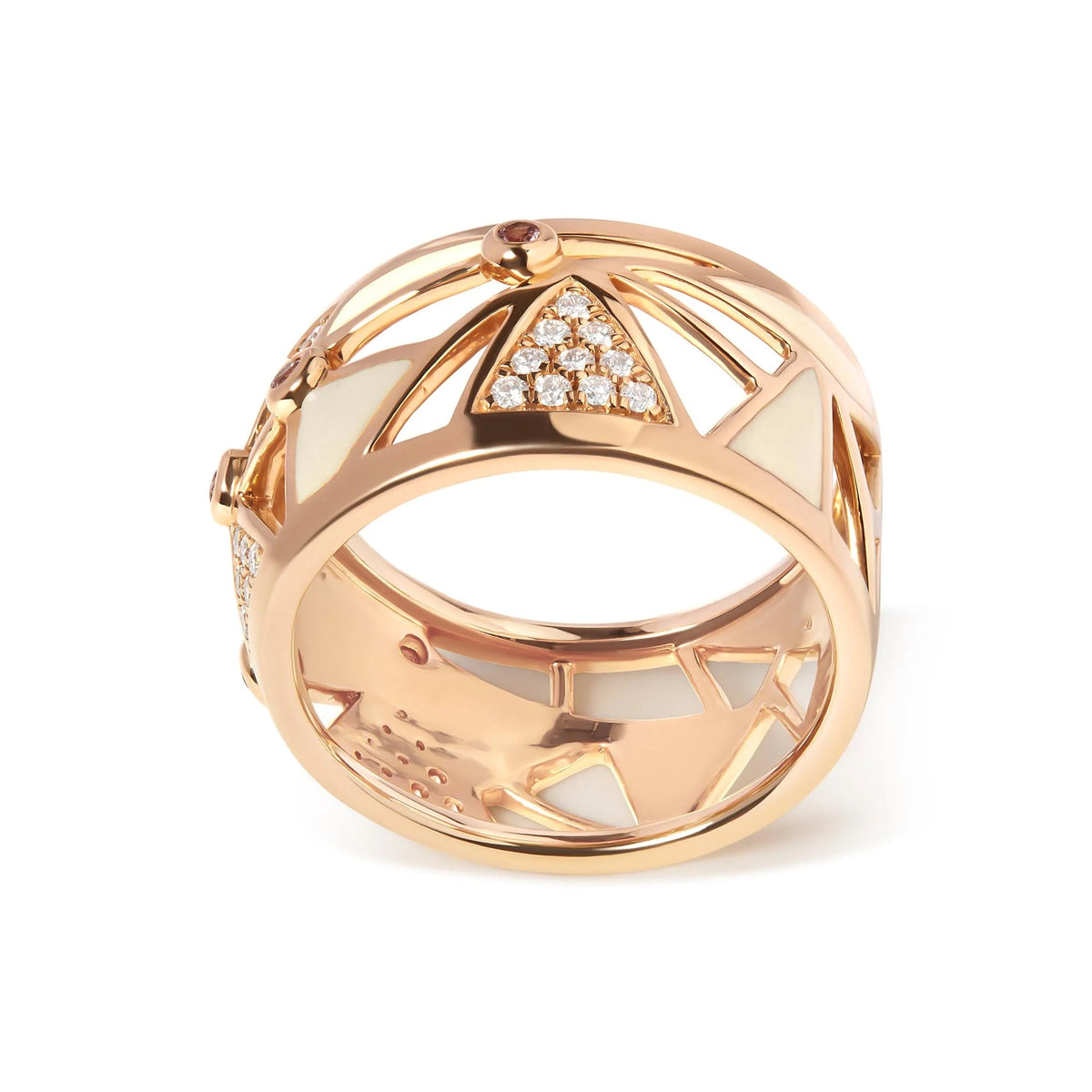 14K Rose Gold 1/3 Cttw Diamond and Pink Tourmaline Cigar Band Ring with White Enamel (G - H Color, SI1 - SI2 Clarity) - LinkagejewelrydesignLinkagejewelrydesign