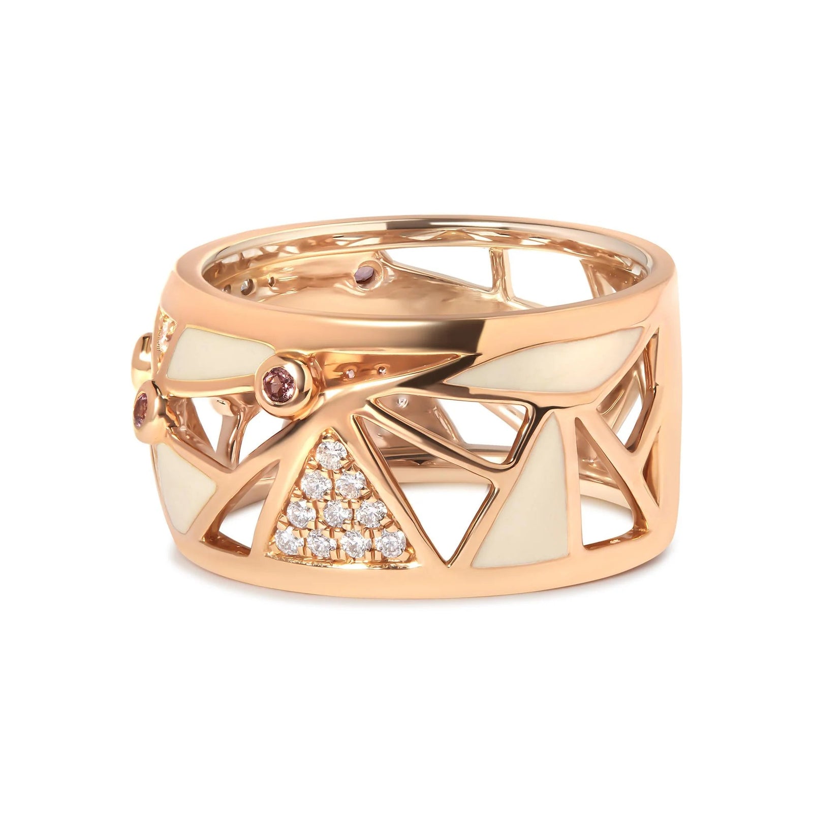 14K Rose Gold 1/3 Cttw Diamond and Pink Tourmaline Cigar Band Ring with White Enamel (G - H Color, SI1 - SI2 Clarity) - LinkagejewelrydesignLinkagejewelrydesign