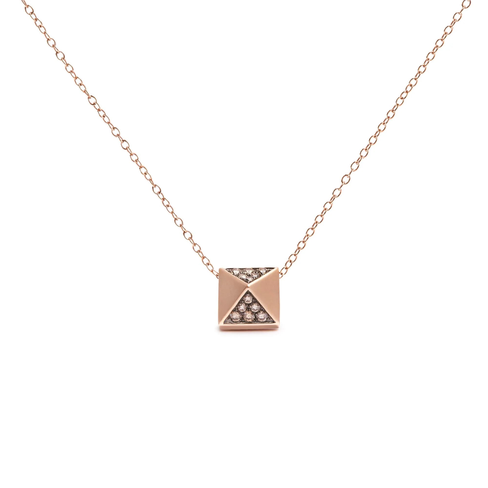 14K Rose Gold 1/4 Cttw Brown Diamond Matte Finished Pyramid Pendant Necklace (Brown Color, SI1 - SI2 Clarity) - 18" Inches - LinkagejewelrydesignLinkagejewelrydesign