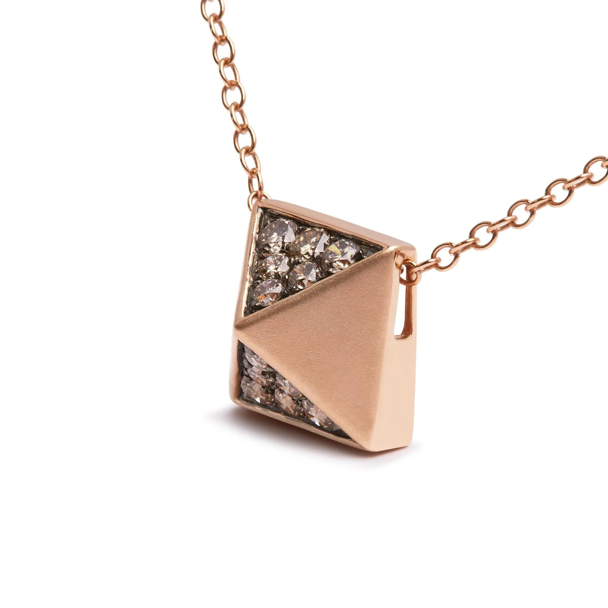 14K Rose Gold 1/4 Cttw Brown Diamond Matte Finished Pyramid Pendant Necklace (Brown Color, SI1 - SI2 Clarity) - 18" Inches - LinkagejewelrydesignLinkagejewelrydesign
