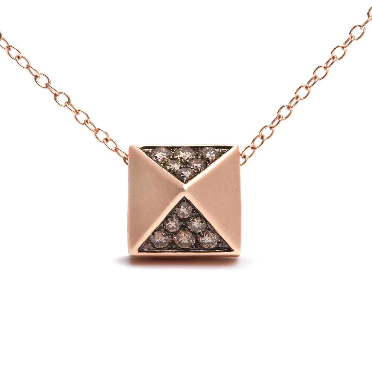 14K Rose Gold 1/4 Cttw Brown Diamond Matte Finished Pyramid Pendant Necklace (Brown Color, SI1 - SI2 Clarity) - 18" Inches - LinkagejewelrydesignLinkagejewelrydesign