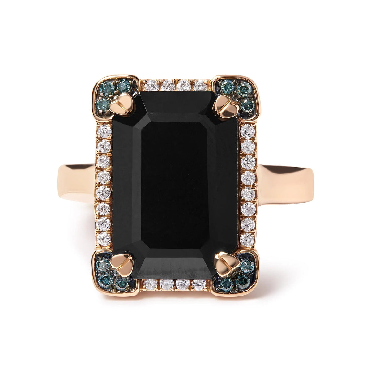 14K Rose Gold 15x10 MM Emerald - Cut Black Onyx and 1/5 Cttw Blue and White Diamond Halo Cocktail Ring (G - H Color, SI1 - SI2 Clarity) - Size 7 - LinkagejewelrydesignLinkagejewelrydesign