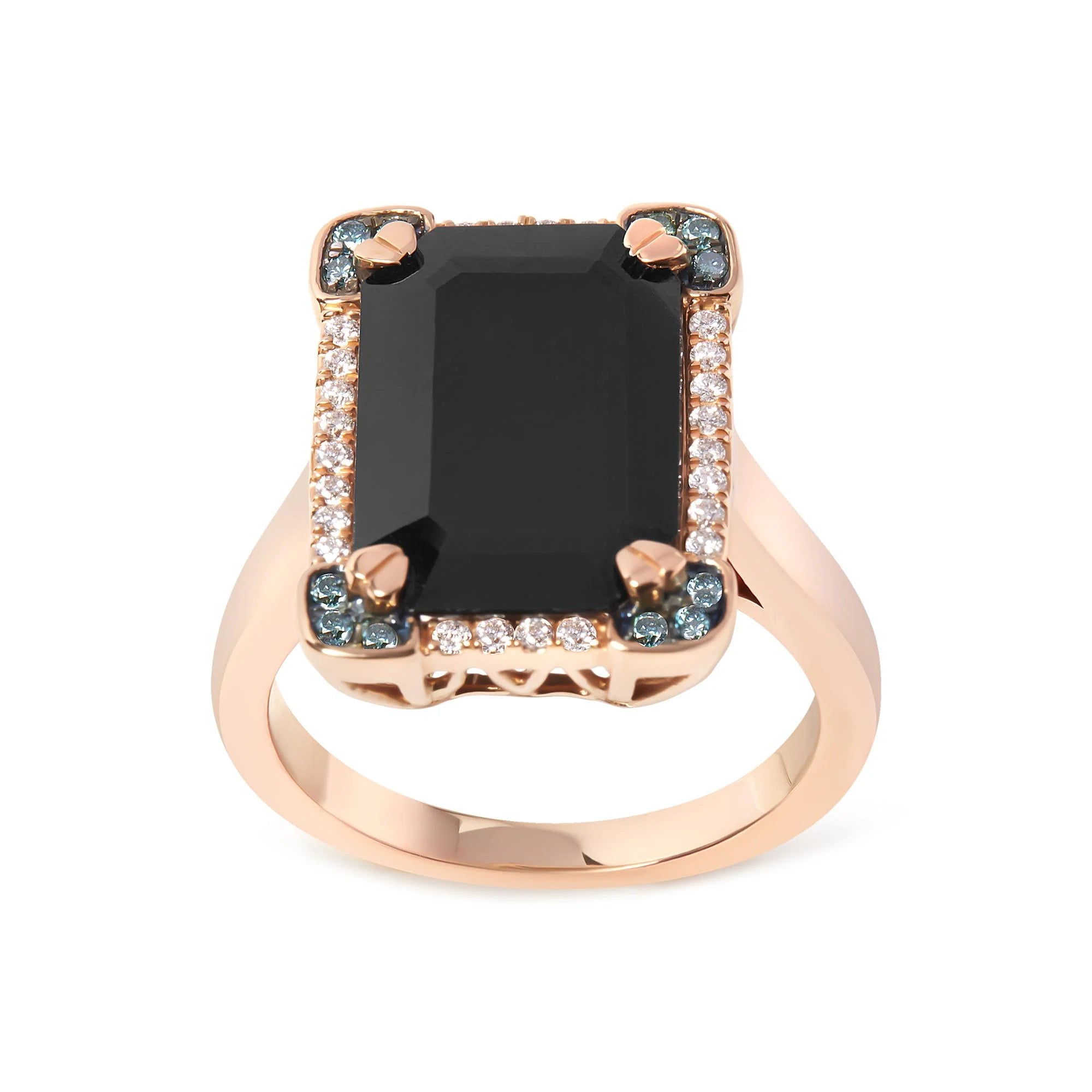 14K Rose Gold 15x10 MM Emerald - Cut Black Onyx and 1/5 Cttw Blue and White Diamond Halo Cocktail Ring (G - H Color, SI1 - SI2 Clarity) - Size 7 - LinkagejewelrydesignLinkagejewelrydesign