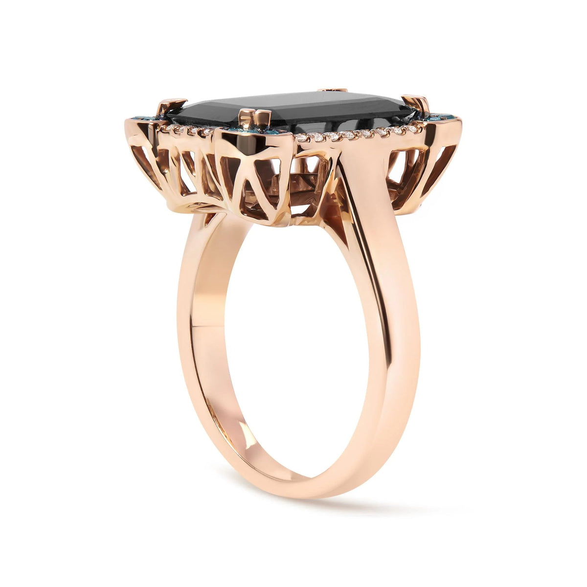 14K Rose Gold 15x10 MM Emerald - Cut Black Onyx and 1/5 Cttw Blue and White Diamond Halo Cocktail Ring (G - H Color, SI1 - SI2 Clarity) - Size 7 - LinkagejewelrydesignLinkagejewelrydesign