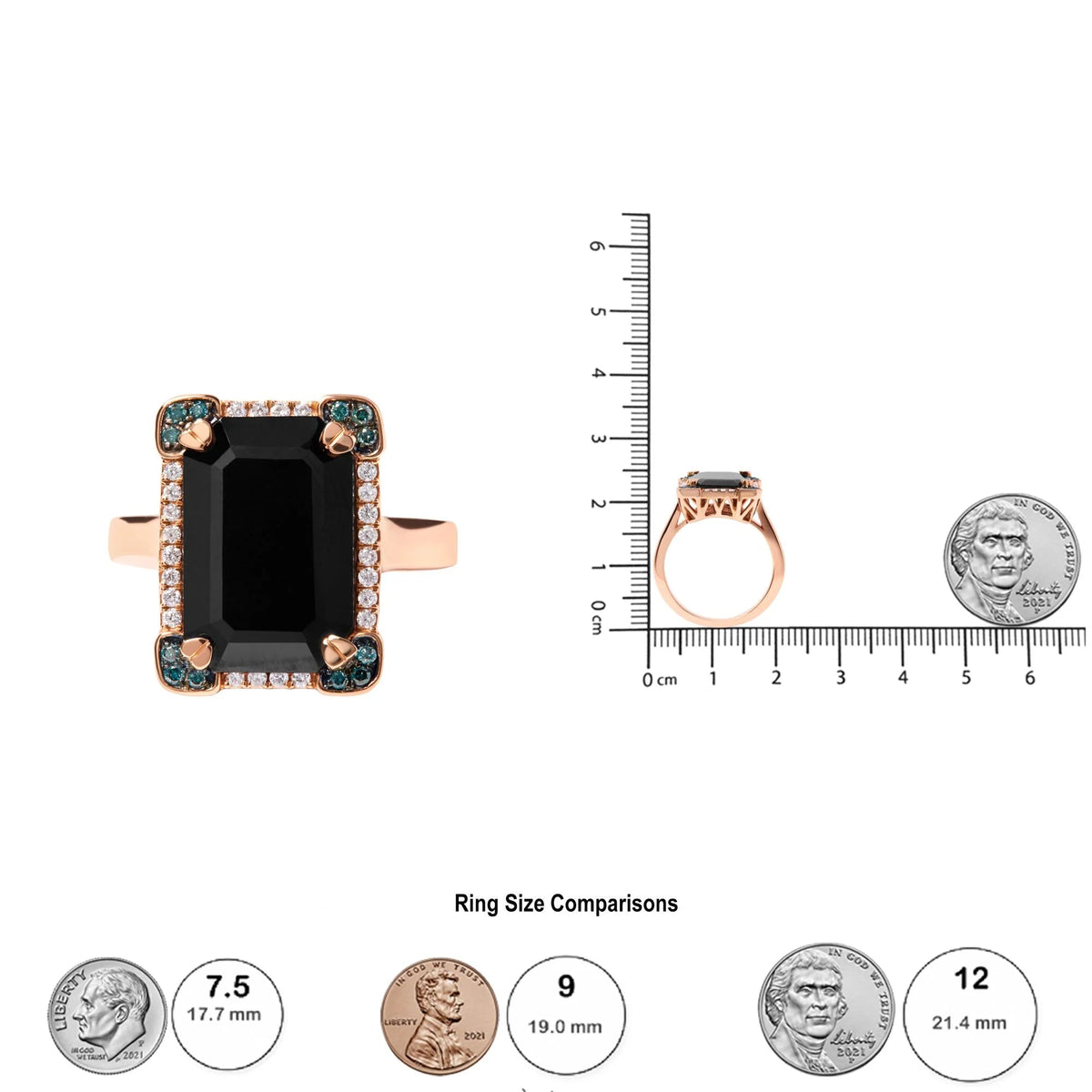 14K Rose Gold 15x10 MM Emerald - Cut Black Onyx and 1/5 Cttw Blue and White Diamond Halo Cocktail Ring (G - H Color, SI1 - SI2 Clarity) - Size 7 - LinkagejewelrydesignLinkagejewelrydesign