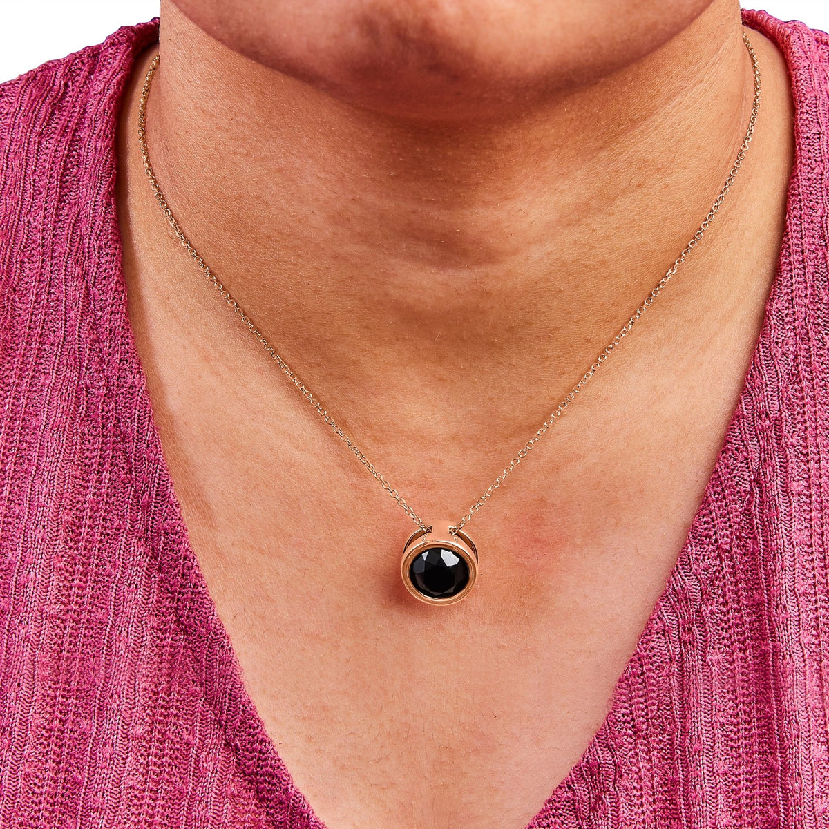 14K Rose Gold 7.0 Cttw Bezel - Set Black Round Diamond Solitaire Pendant Necklace (Black Color, I2 - I3 Clarity) - 18&quot; - LinkagejewelrydesignLinkagejewelrydesign