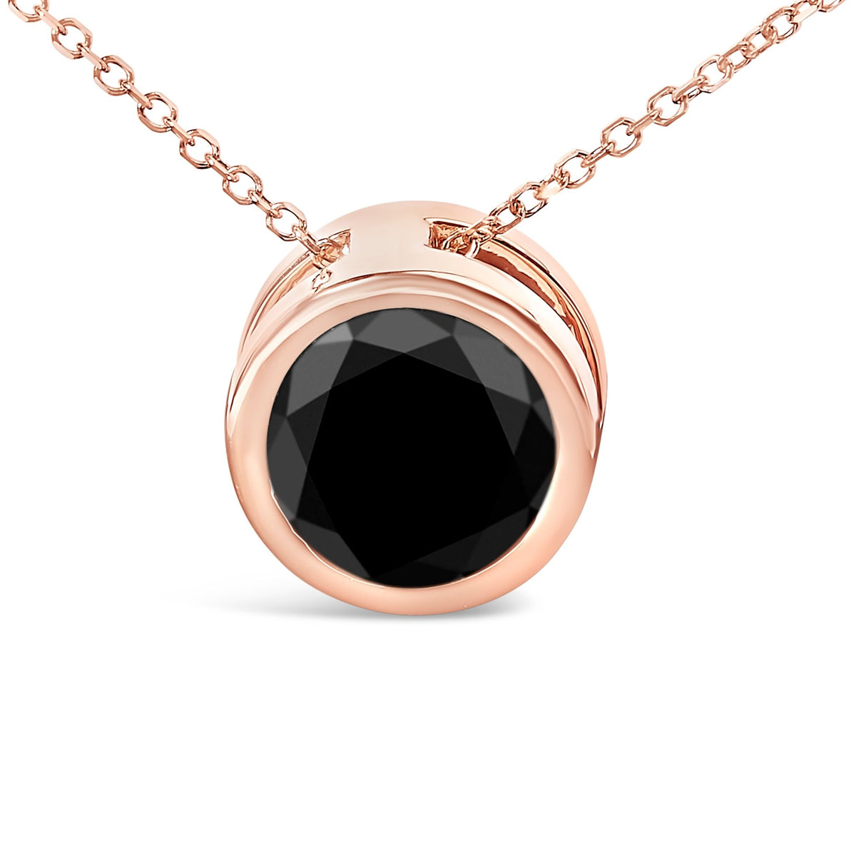 14K Rose Gold 7.0 Cttw Bezel - Set Black Round Diamond Solitaire Pendant Necklace (Black Color, I2 - I3 Clarity) - 18&quot; - LinkagejewelrydesignLinkagejewelrydesign