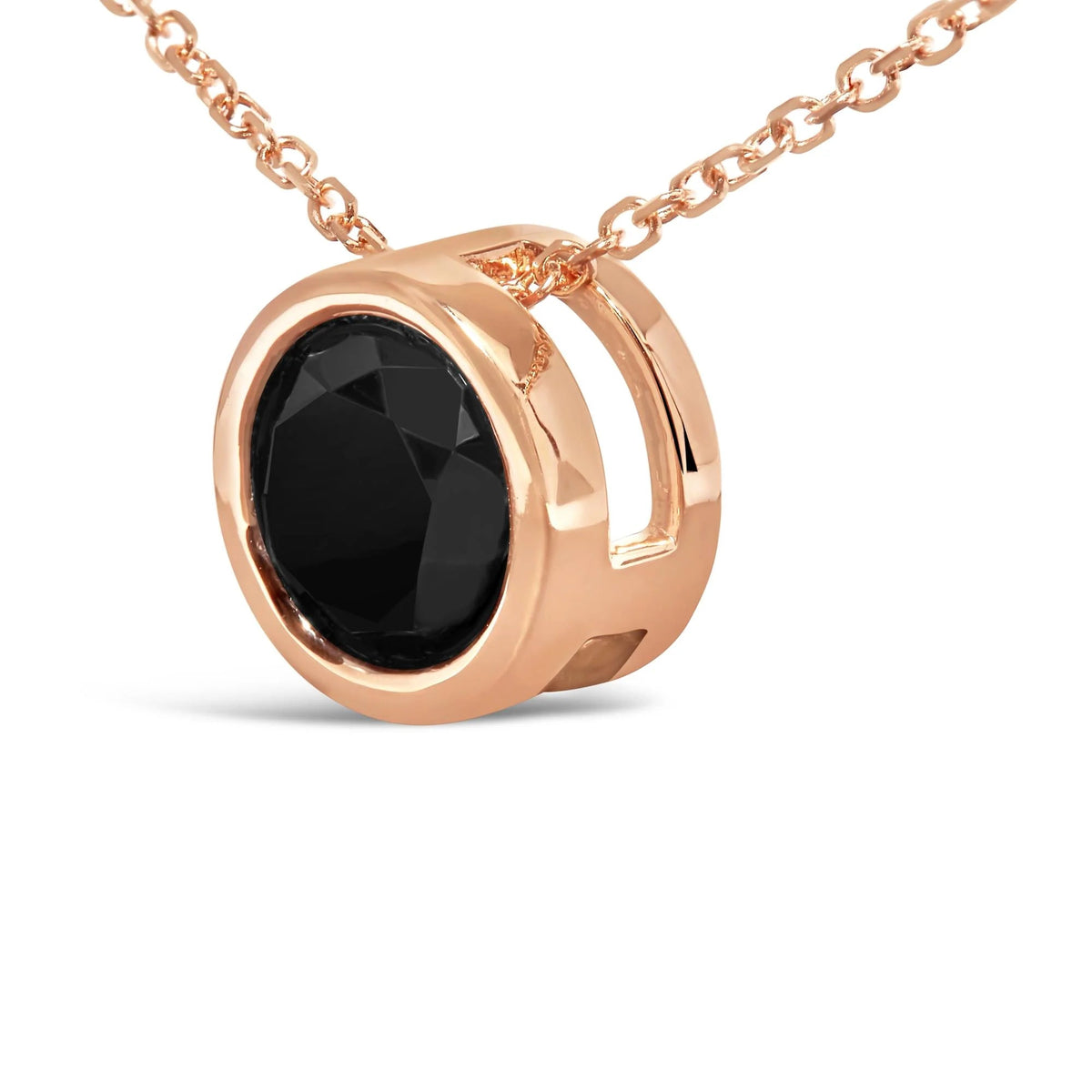 14K Rose Gold Bezel - Set Black Round Diamond Solitaire Pendant Necklace (Black Color, I2 - I3 Clarity) - 18" - LinkagejewelrydesignLinkagejewelrydesign